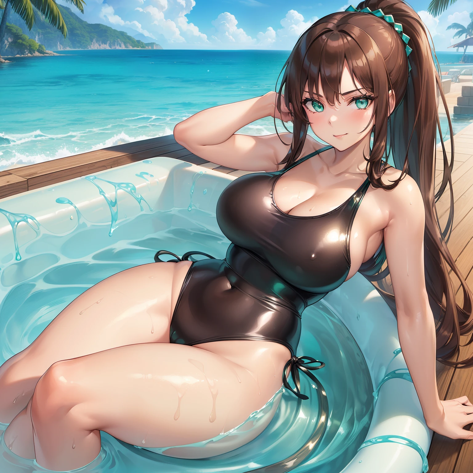 Masterpiece, Best Quality, (((Solo mature woman))), (((Brown hair))), Ponytail, Large chest, (((wide hips))), (((aqua green eyes))), full lips, seductive smile, cleavage, sitting in jacuzzi at home, blushing, (((wearing shiny black one piece swimsuit))), [Janet], [Alice], ((very shiny skin)), (Waist deep water), "beautiful mature face" , age30 , milf , adult