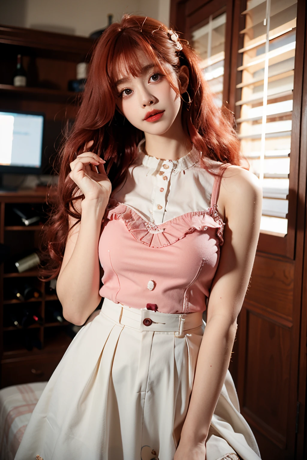 1girll,175,a skirt,8k,the soft light,curlies,Wine red hair,sofe,