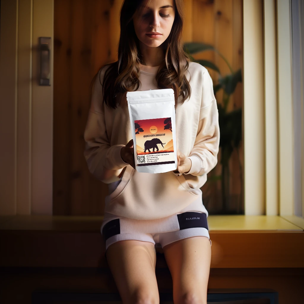 Cinematics in the style of kawaiipunk aesthetics, hottie chic women beauty, wearing sweatshirt expensive rarer, holding a white pack of coffee , colossal body inviting flirt sensual , model sitting pose, photo taken with Hasselblad, natural lights and cast shadow, oversized portraits, babycore, No bad hands, no bad fingers, uhd.