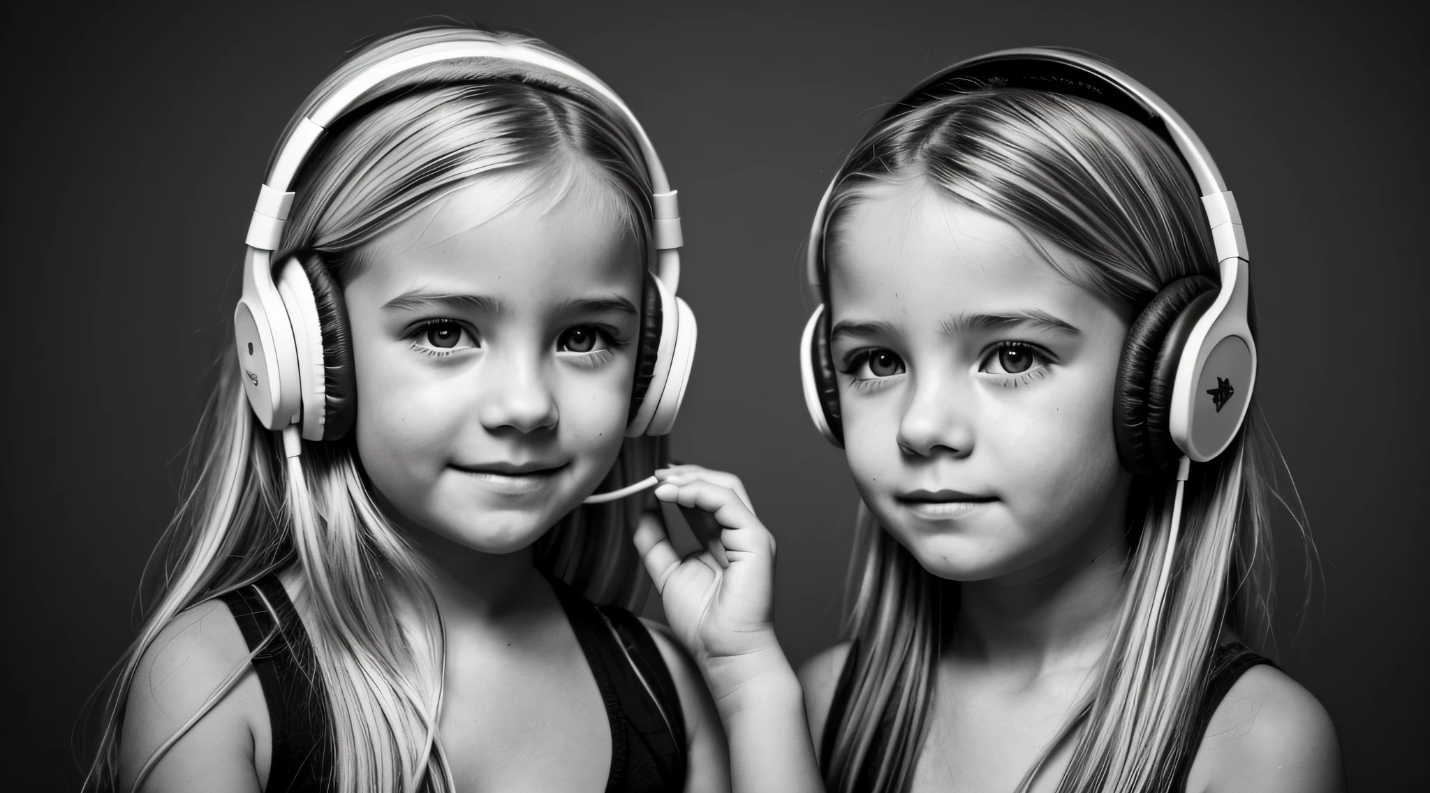 uma foto em black and white de uma CHILD blonde FIREHEAD with headphones, with hands on face, Samara Tecelagem,. gorgeous female.