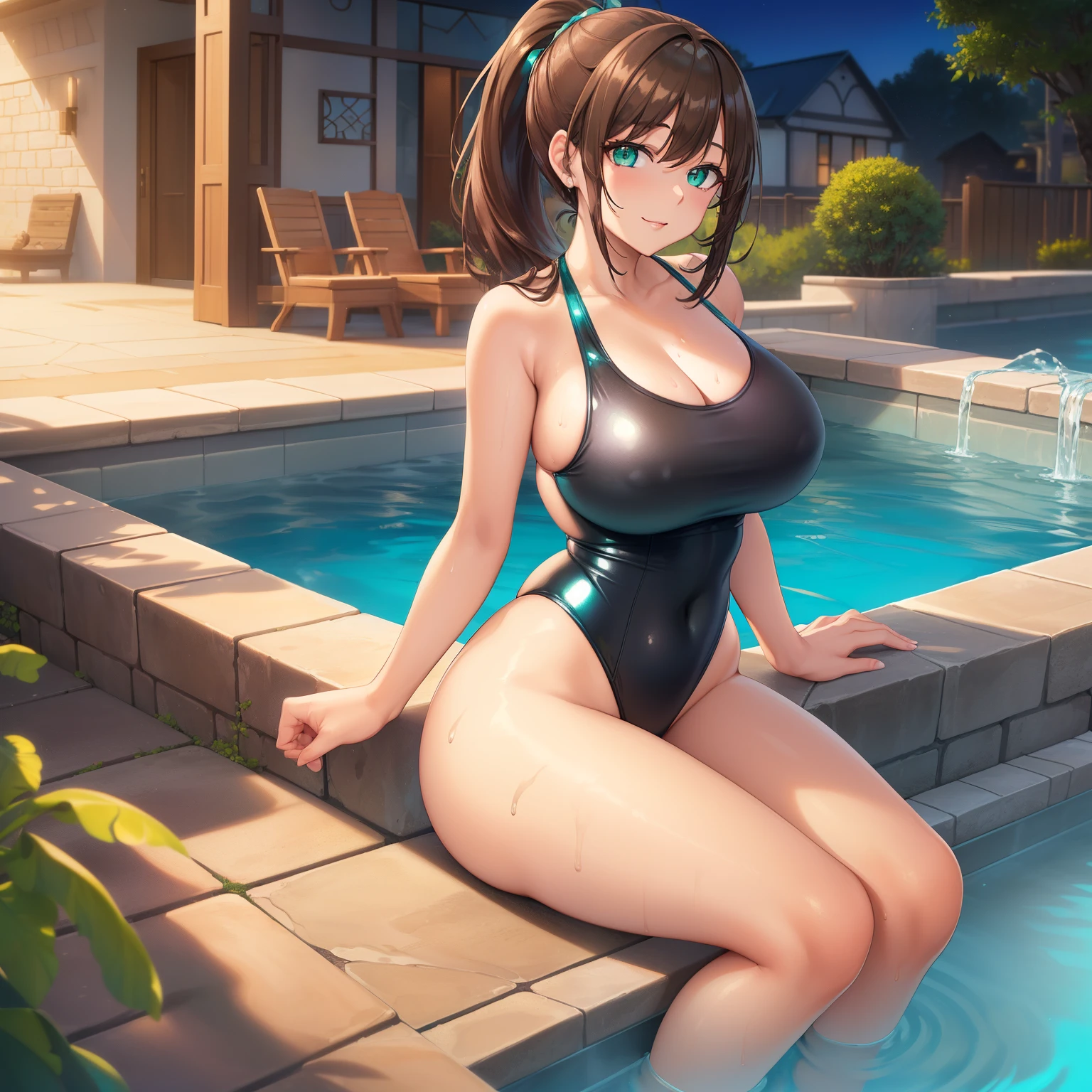 Masterpiece, Best Quality, (((Solo mature woman))), (((Brown hair))), Ponytail, Large chest, (((wide hips))), (((aqua green eyes))), full lips, seductive smile, cleavage, sitting in jacuzzi, ((house yard)), blushing, (((wearing shiny black one piece swimsuit))), [Janet], [Alice], ((very shiny skin))