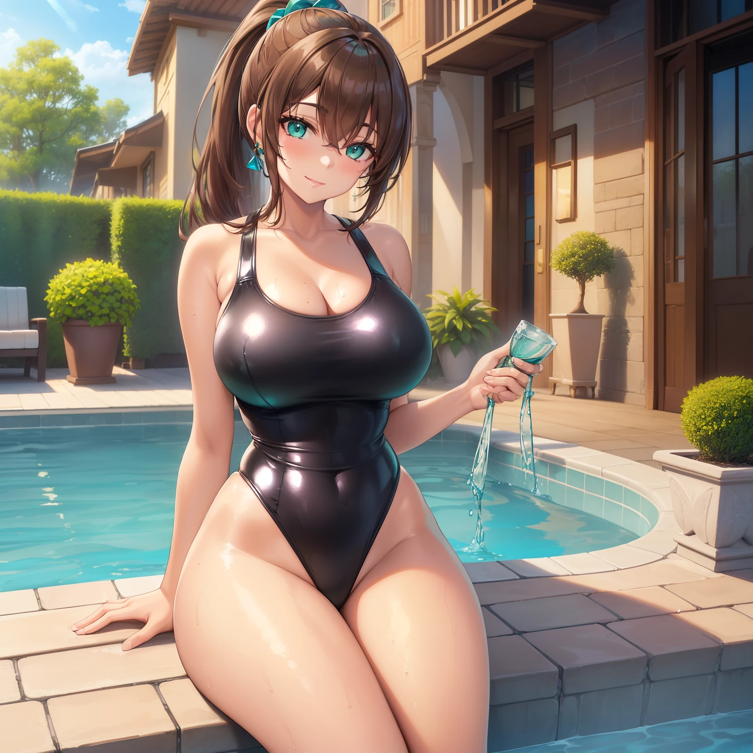 Masterpiece, Best Quality, (((Solo mature woman))), (((Brown hair))), Ponytail, Large chest, (((wide hips))), (((aqua green eyes))), full lips, seductive smile, cleavage, sitting in jacuzzi, ((house yard)), blushing, (((wearing shiny black one piece swimsuit))), [Janet], [Alice], ((very shiny skin))