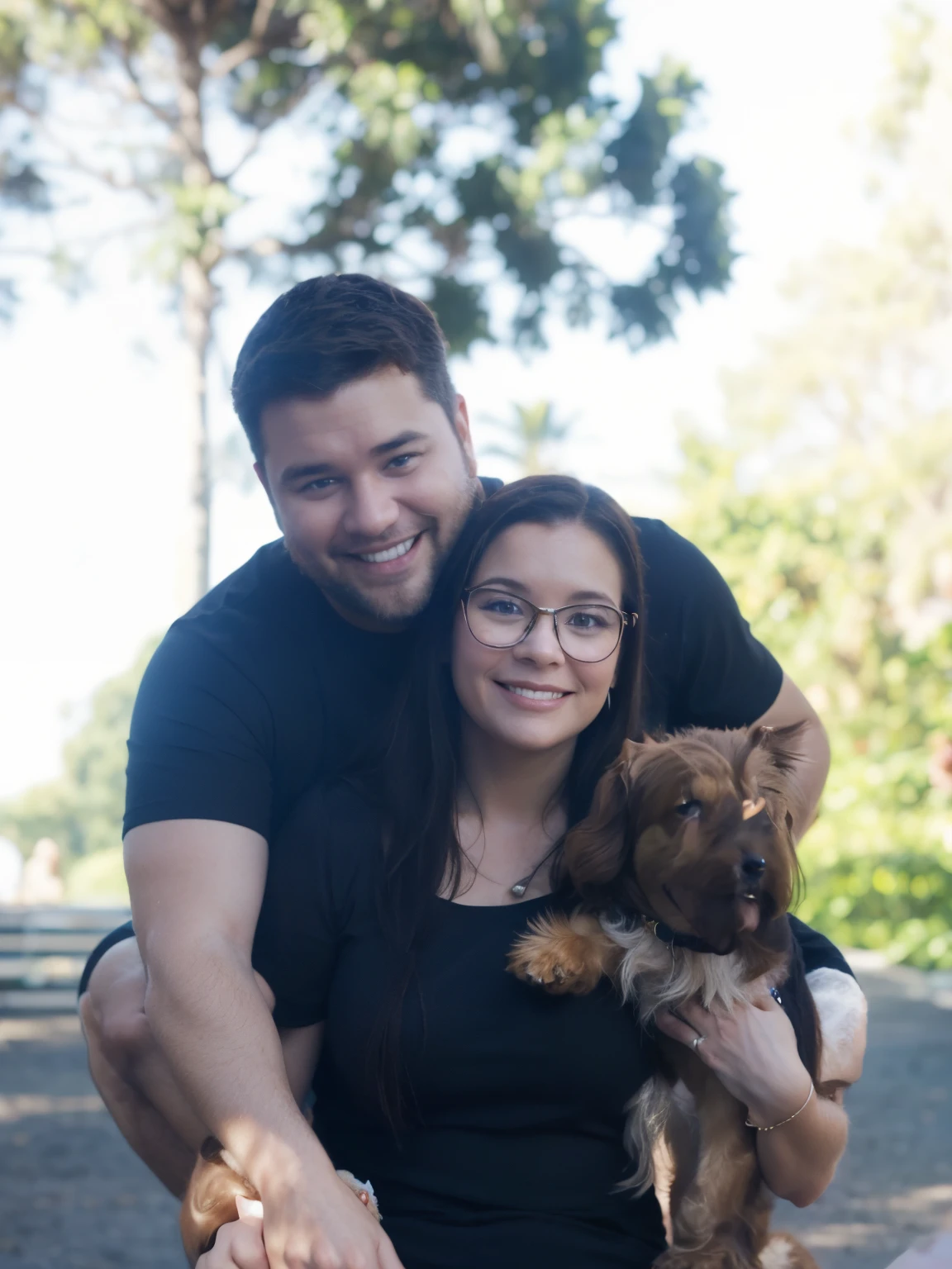 Create a Disney Pixar Cartoon Poster with a Happy Family. The mother is skinny, branca, cabelo liso, comprido e castanhos, olhos expressivos e castanhos, vestido longo florido. Daddy's a chubby guy, sorridente, wears glasses and has short brown hair. The furry Yorkshire dog.