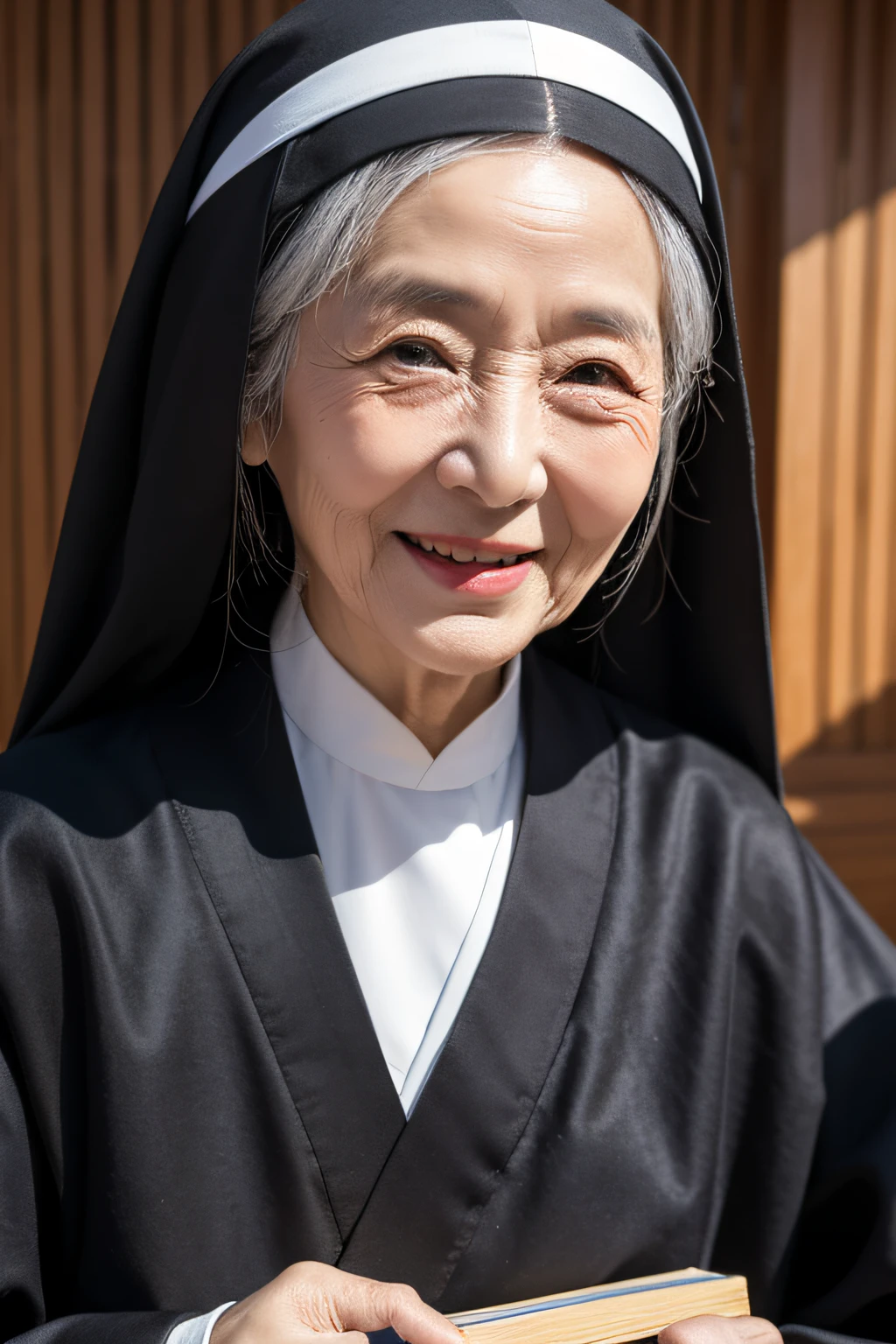 tmasterpiece, Best quality, ultra - detailed, Portrait of a 70 year old Chinese nun woman,with wrinkles on his face,Wearing ancient Chinese black clothes,Smile in the sun,Holding a book in both hands