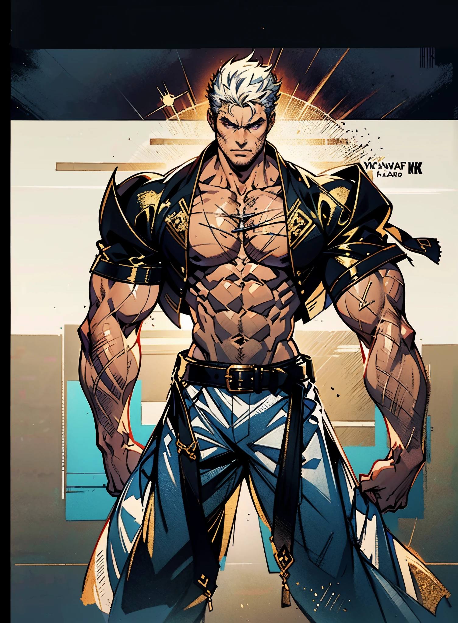 A young man, dense black-gold long hair, standing tall with upright hair, a majestic countenance, confident gaze, a scar under the eyes, a hearty smile, a fantasy-realistic tattered half-length martial arts outfit, short-sleeved, open-front robe revealing muscular physique, a coarse cloth belt around his waist, coarse trousers, towering and robust figure, he stands proudly, a glowing dark purple energy aura, the background depicts a black-and-white sky forming a yin-yang symbol, this character embodies a finely crafted fantasy-realistic martial artist in anime style, characterized by an exquisite and mature manga illustration art style, high definition, best quality, highres, ultra-detailed, ultra-fine painting, extremely delicate, professional, anatomically correct, symmetrical face, extremely detailed eyes and face, high quality eyes, creativity, RAW photo, UHD, 8k, Natural light, cinematic lighting, masterpiece-anatomy-perfect, masterpiece:1.5