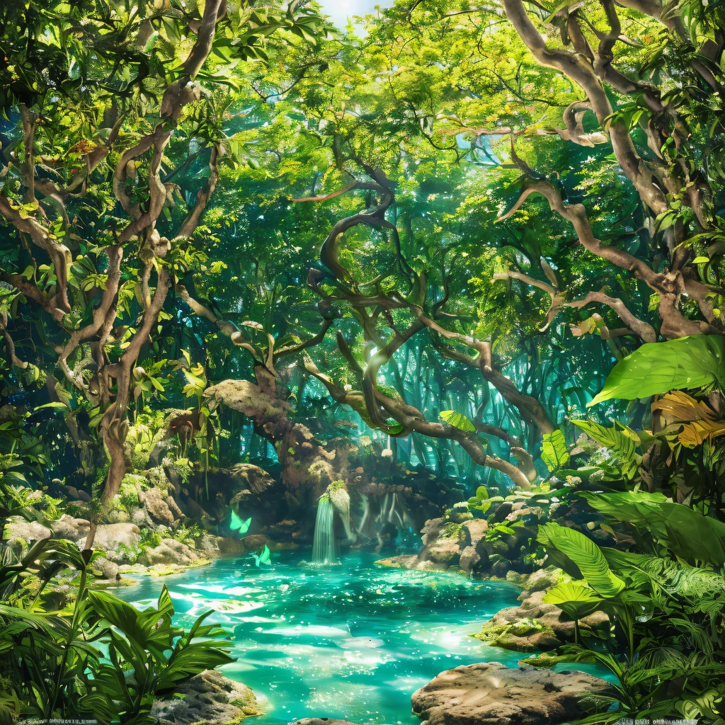 Futuristic ethereal seahorse，Sci-fi butterflies，future seahorse，sea horse，Futuristic jungle background，tmasterpiece，（Very detailed CG unified 8k wallpaper），（Best quality at best），（Best Best Illustration），（The best shadow），The background is a forest theme，With natural elements，flowers blooming，warm color palette，surrounded by exquisite leaves and branches，rays of sunshine，（nature elements），（Jungle theme），（leafs），grape trees，manatee，（exquisite leaves），（particle effect），isometric 3D，Rendered by Octane， Ray traching，ultra - detailed