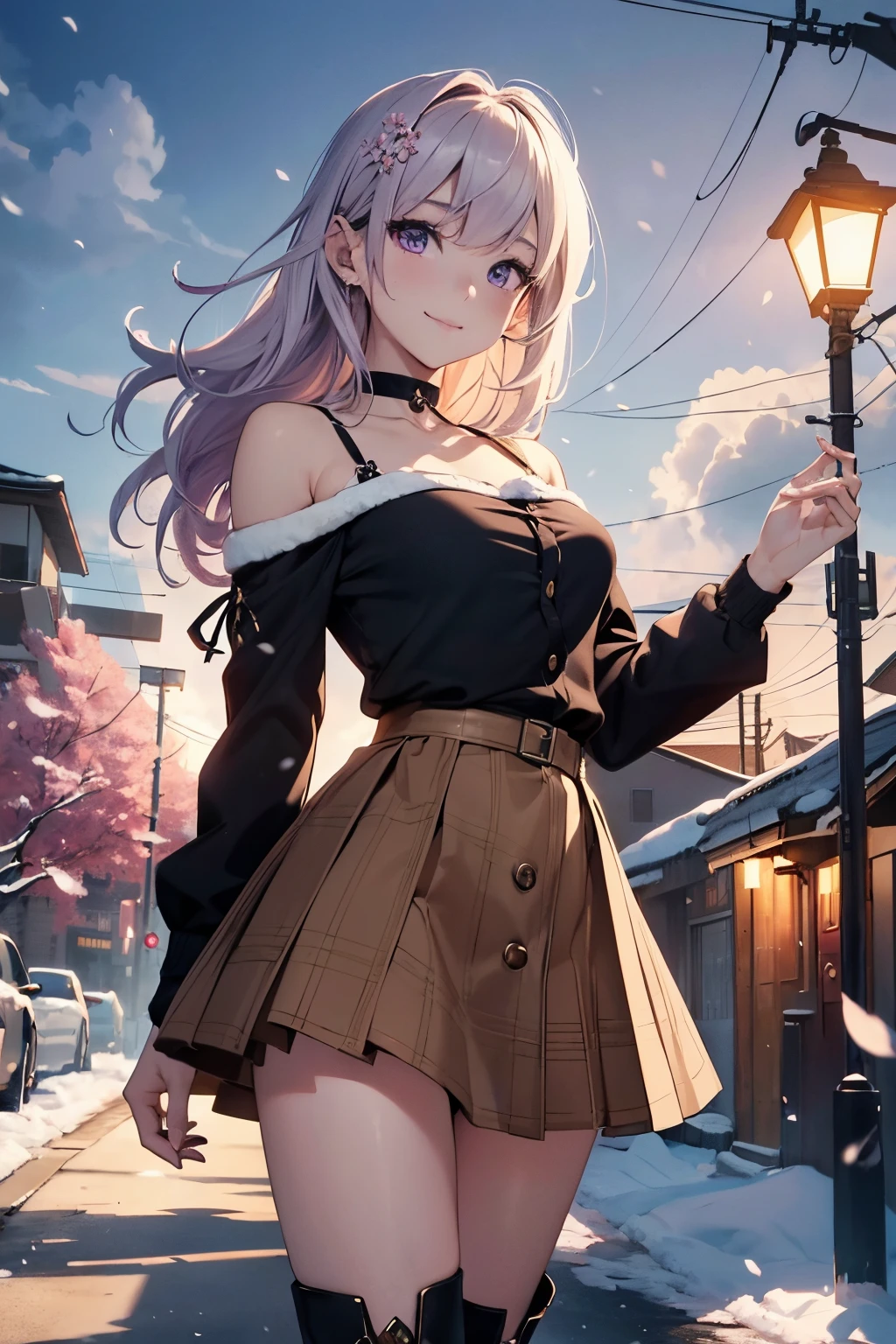 (Official art、Best Quality、Unity 8k Wallpapers、32K、masterpiece、ultra-detailliert、超A high resolution、realisitic、Photorealsitic:1.2)、(Cinematic lighting:1.2)、Fireglow effect、film grains、Best Shadows、Rim lighting、side lights、sideshot、(Ultra-detailed and complex 3D rendering)、Detailed beautiful face and eyes、A slender、Medium bust、(Full body:1.2)、 Highly detailed background、beauitful face、blurry backround、16-year-old beautiful girl、(super detailed skin、detailed skin textures:1.3)、chestnut bristles、Brown-eyed、Hip Hop Cable、off shoulders、cherry blossom pattern jean skirt、Black stockings、(thighs thighs thighs thighs:0.8)、cherry boots、Morning City、gently smiling、a choker、dynamicposes、Powder snow and cherry blossoms are dancing、Crescent、glowing purple particles、cumulonimbus clouds in winter