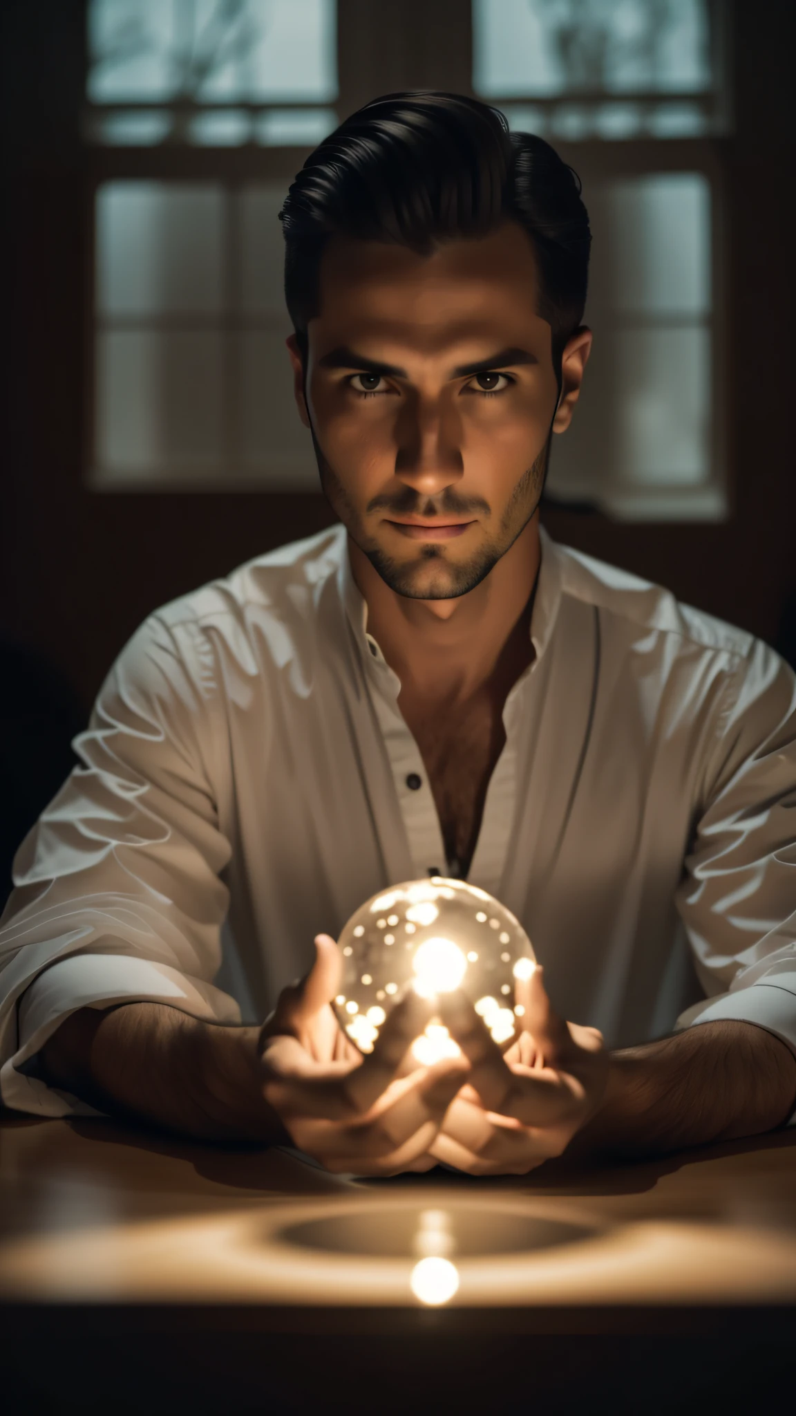 An arafe man holding a crystal ball in front of the window, Holding a crystal ball, With a glowing orb, wizard pondering his orb, he is casting a lighting spell, Hold the orb of glowing data, Crystal ball, Cast protective spells, still film, an arcane wizard casting a spell, closeup portrait of an mage, Woman with Orb