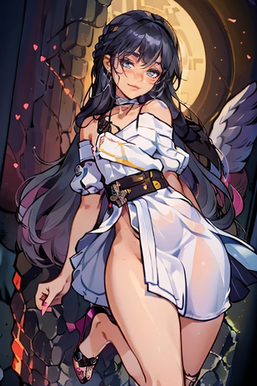 femboi, ((Masterpiece)), (1 girl), (Cute: 2.0), The face is extremely detailed, Enchanted expression, Strong gaze, Black Double French Braid, (Thin structure),Slightly round face, Tanned brown face, Healthy face, Big eyes, Thin thighs, (Small chest), confident pose, harsh, Almond-shaped eyes, rich palette,choker necklace,3D,open-toe high heels, goddess, from behind,spasm