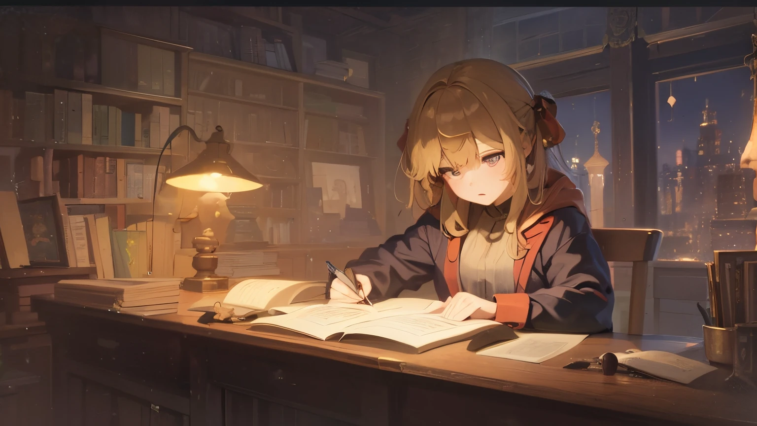 Anime boy sitting at a desk and writing a picture, boy protagonist 👀 :8, Background of the Alchemist Library, anime moe art style, Studying, trying to study, dusty library, from cryptid academia, Library Background, at the library, anime concept art, Kantai Collection Style, in a gloomy library, Male protagonist, Anime Background Art, anime style 4 k