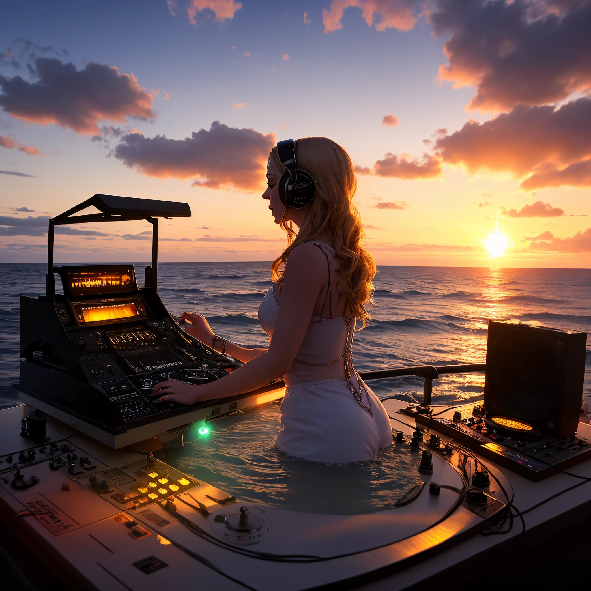 Madonna playing a DJ set while bathing in the middle of the ocean backlit by a beautiful sunset