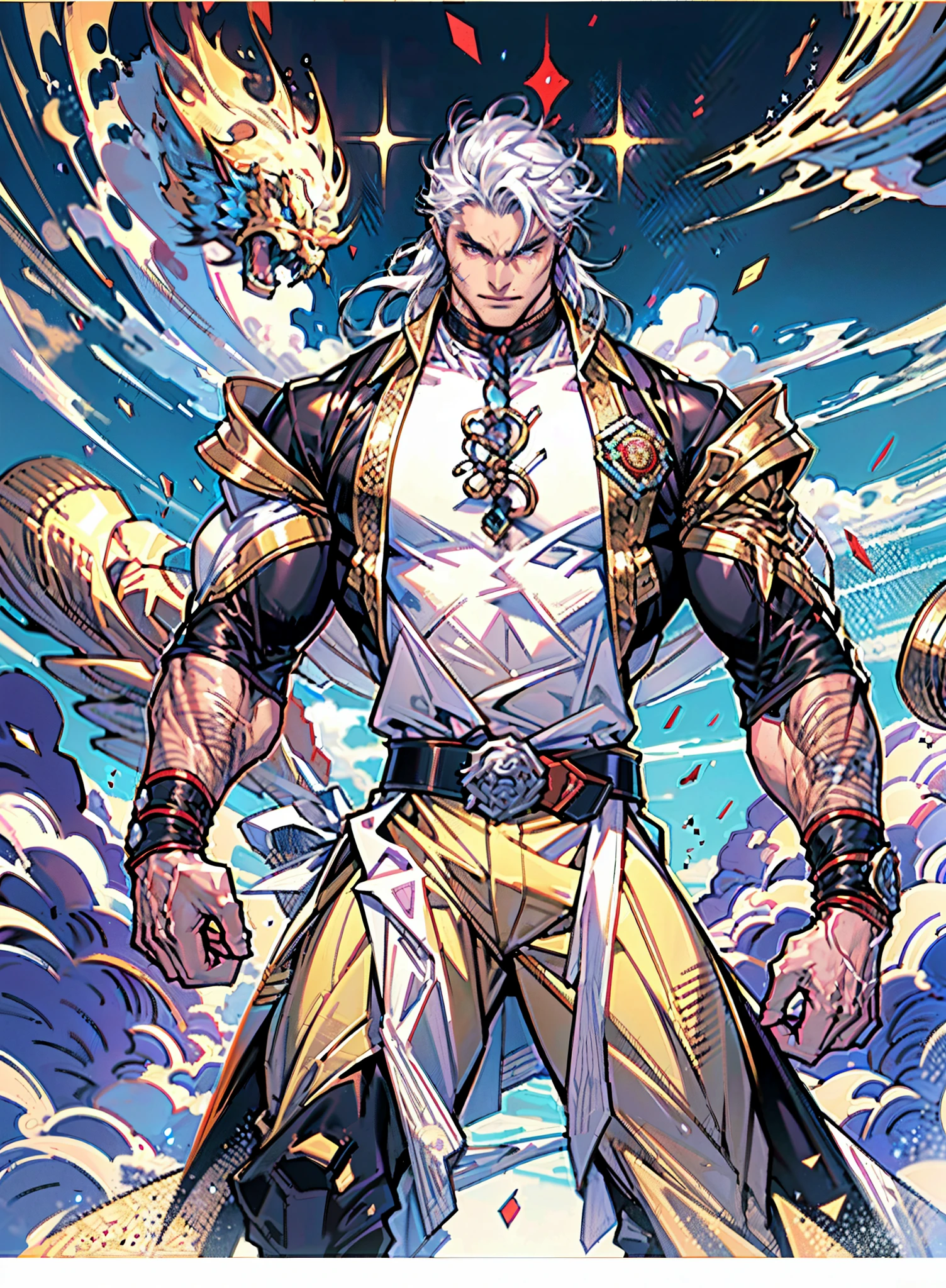 A young man, dense black-gold long hair, standing tall with upright hair, a majestic countenance, confident gaze, a scar under the eyes, a hearty smile, a fantasy-realistic tattered half-length martial arts outfit, short-sleeved, open-front robe revealing muscular physique, a coarse cloth belt around his waist, coarse trousers, towering and robust figure, he stands proudly, a glowing dark purple energy aura, the background depicts a black-and-white sky forming a yin-yang symbol, this character embodies a finely crafted fantasy-realistic martial artist in anime style, characterized by an exquisite and mature manga illustration art style, high definition, best quality, highres, ultra-detailed, ultra-fine painting, extremely delicate, professional, anatomically correct, symmetrical face, extremely detailed eyes and face, high quality eyes, creativity, RAW photo, UHD, 8k, Natural light, cinematic lighting, masterpiece-anatomy-perfect, masterpiece:1.5