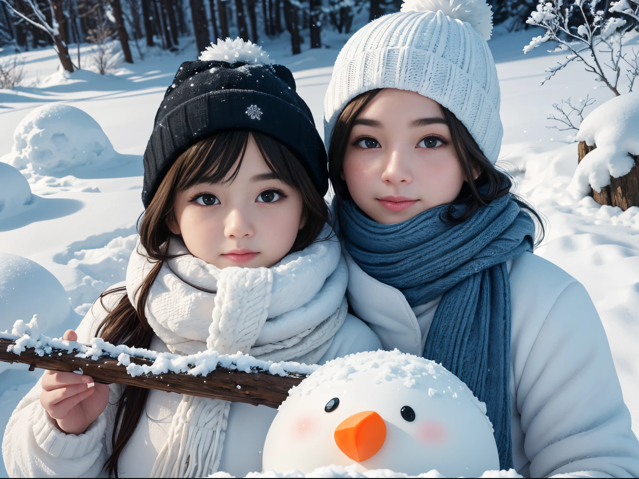 best quality,4k,highres,masterpiece:1.2,ultra-detailed,realistic,portrait,snowman,winter scenery,children playing,carrot nose,coal eyes and mouth,scarf,hat,mittens,frosty breath,glistening snow,soft snowflakes,chubby body,arms made of sticks,frosty tree branches,snow-covered ground,vivid colors,cold blue tones,warm golden sunlight,sparkling icicles,soft shadows