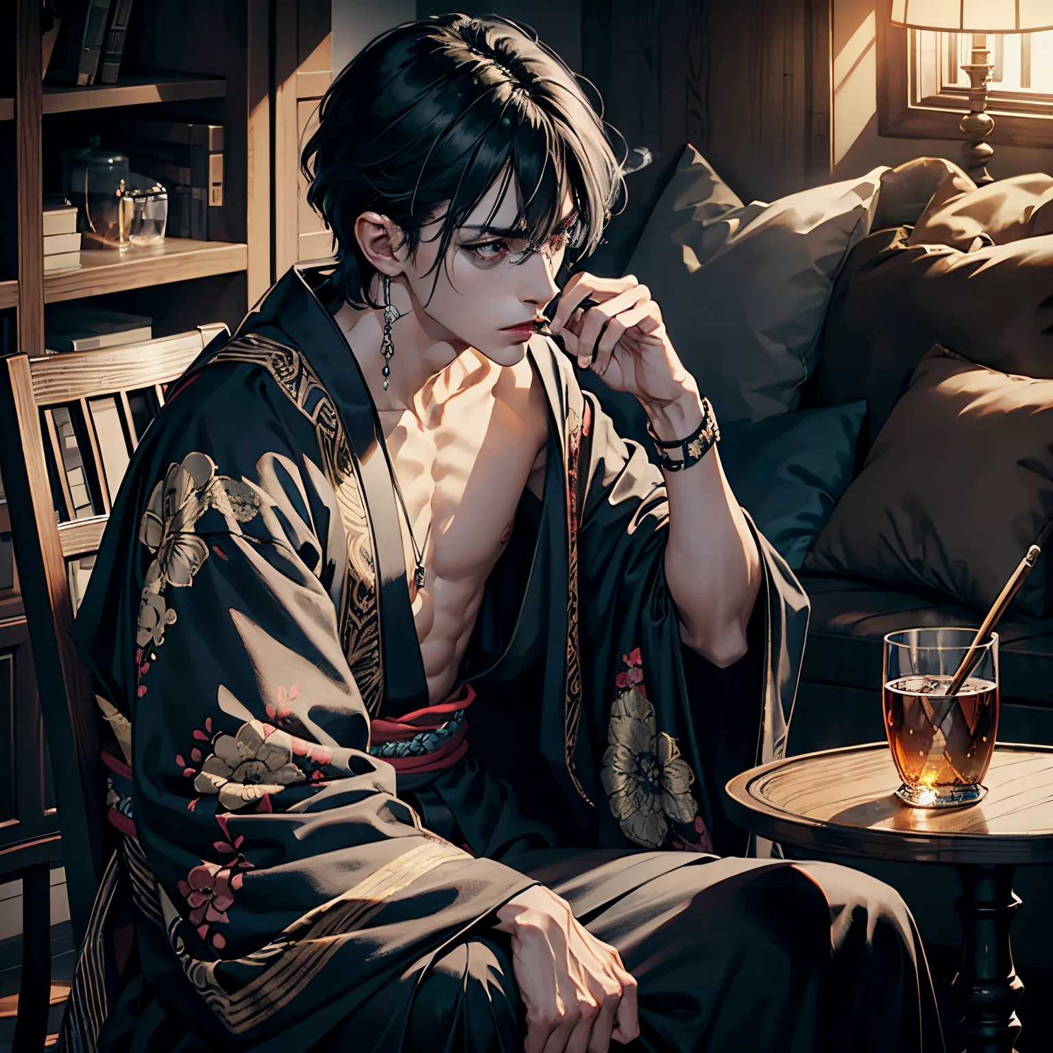 tmasterpiece, Best quality at best, hyper-detailing, CG illustration, Proper shading, Best quality,8K,tmasterpiece,Master illustration,Full-body art,Very skinny,Right shoulders,emaciated,thin man,Sick,Sick,1 boy,Think about it,thin,Black shawl,smoking pipe,smokes,Short hair details,With long bangs,Black hairstyle,world-weary eyes,Has gray eyes,Disdainful,smokes,hunchback,black kimono,sitted,hunchback