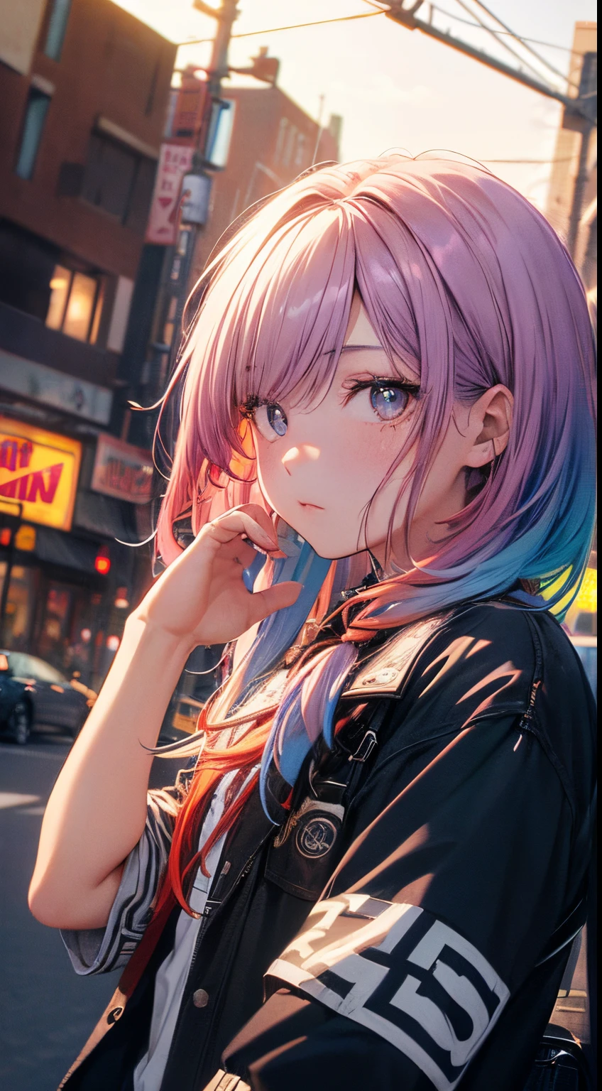NY, (gradient hair, dutch angle:1.3), film grain, chromatic aberration, city, masterpiece, best quality, raw photo, photorealistic, absurdres, 1girl, cute, perspective, cowboy shot, highres, ultra detailed, detailed eyes and face, sharp pupils, realistic pupils, sharp focus, summer, night,