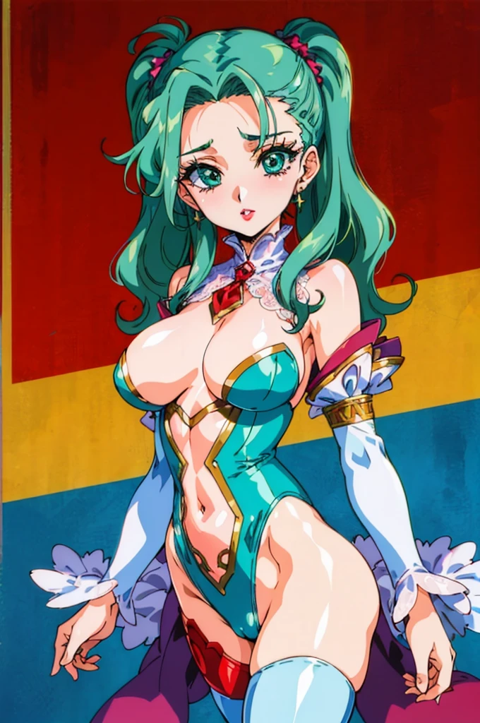 (masterpiece:1.1), best quality, NSFW, 
1girl, (80s anime style:1.3), (eyelashes:1.5), (li:1.1), 
(intricate high detailed body:1.2),
aqua hair, forehead, (hair slicked back:1.2), (twintails, wavy hair:1.1), 
green eyes, (red lip stick:1.3), 
slender body, huge breasts, 
(naughty face:1.2), 
neckwear, (white lace leotard with sleeves:1.1), 
see-through clothes, jewelry, 
(cowboy shot, looking at viewer, from front:1.1),
(in royal palace:1.1)