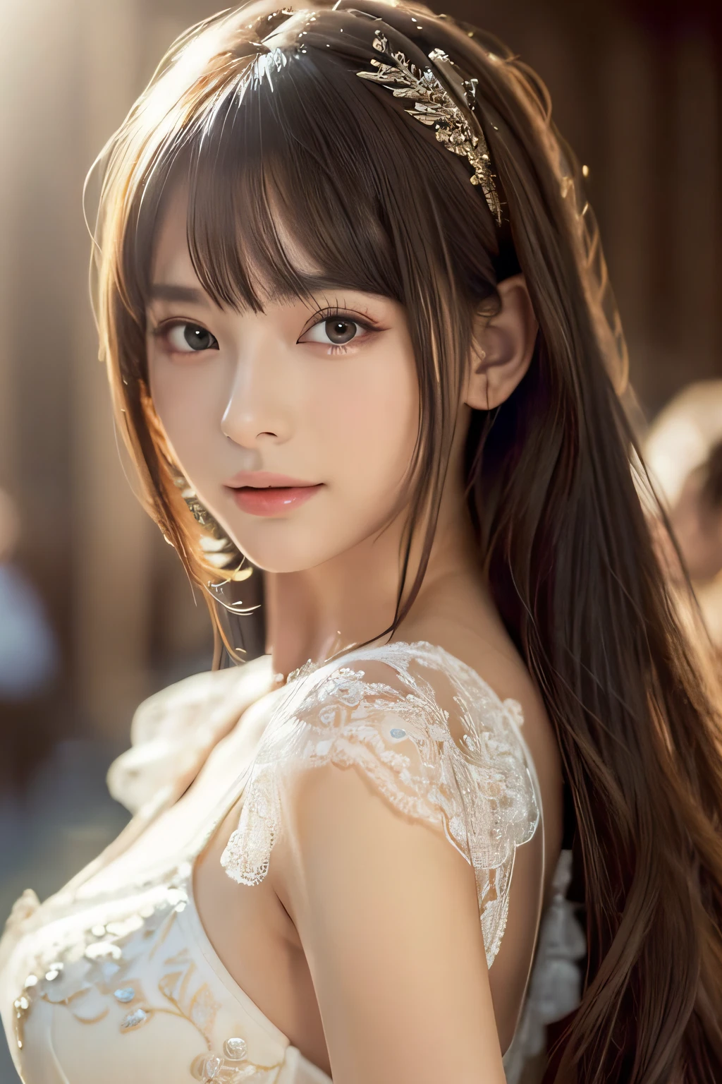 A woman with long hair wearing a white dress and a tia - SeaArt AI