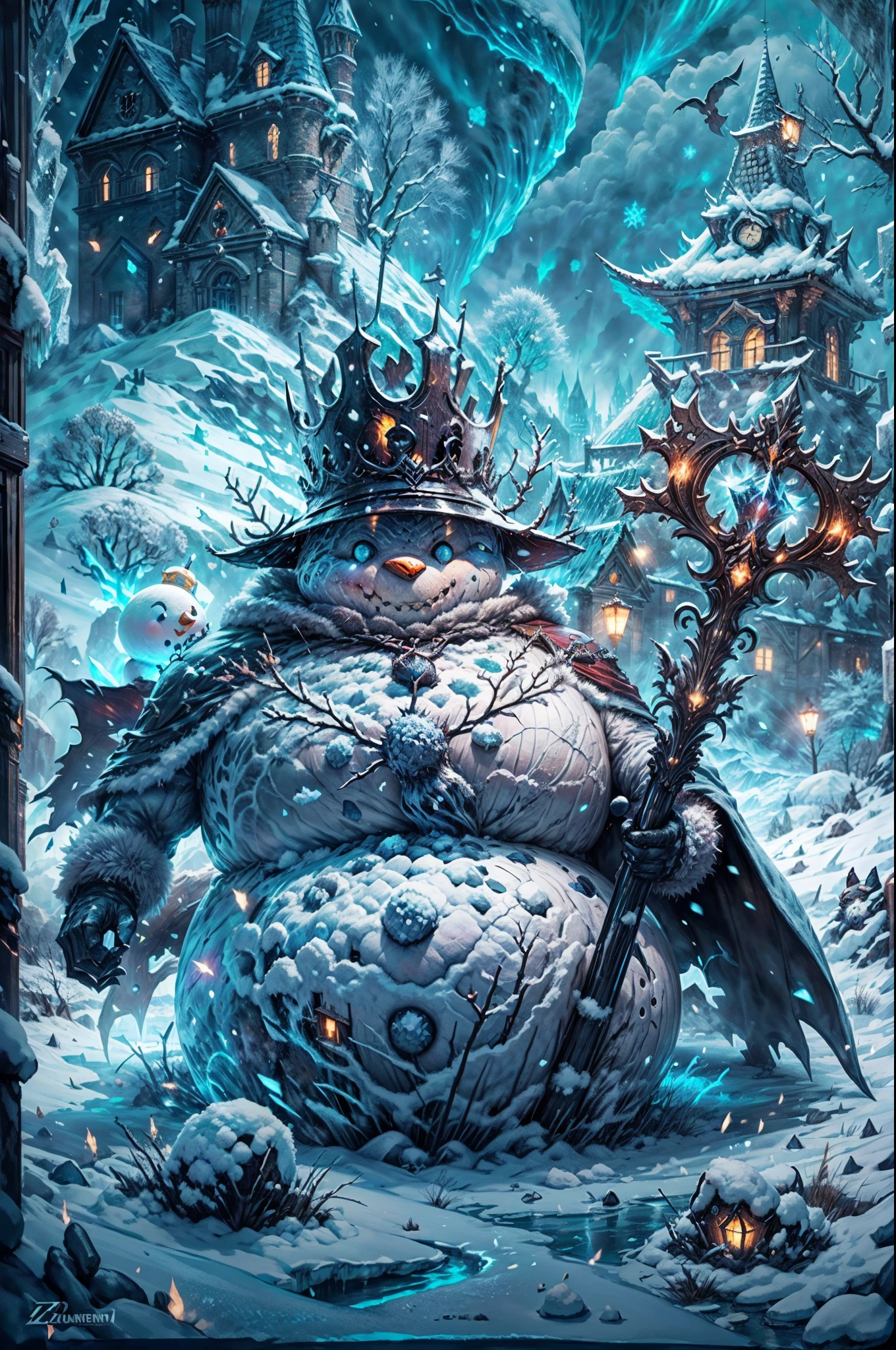 (a)high-quality,4k,photo-realistic:1.37,(b)dark,grim,(c)scene:imposing towering snowman king sitting on an icy throne,(d)scene:ominous dark castle in the background,(e)scene:icy landscape with snow-covered trees and mountains,(f)character:snowman king with detailed ice-crown and glowing blue eyes,(g)character:snowman king wearing a tattered cape made of frozen fabric,(h)character:snowman king holding a giant ice scepter with intricate carvings,(i)character:snowman king surrounded by loyal ice minions,(j)character:snowman king showing powerful ice-based magic,(k)atmosphere:eerie and mysterious,(l)lighting:moonlight shining through dark clouds, casting an eerie glow on the scene,(m)fight:brave warrior facing the snowman king in a ominous battle,(n)horror element:creepy ice-crystals forming a menacing grin on the snowman king's face,(o)game element:health bar and damage indicators appearing during the battle,(p)game element:epic boss fight music intensifying the atmosphere,(q)game element:strategic combat and dodging the snowman king's ice attacks,(r)game element:player's character equipped with ice-resistant armor and weapons,(s)game element:unlocking hidden abilities and powers to defeat the snowman king,(t)game element:collecting power-ups and upgrades throughout the game,(u)color theme:predominantly cool tones of blue, white, and gray,(v)lighting:subtle glow from magical runes embedded in the icy ground,(w)background detail:icy stalactites hanging from the castle ceiling,(x)background detail:frozen statues of defeated heroes adorning the castle walls,(y)background detail:ominous mist surrounding the battlefield,(z)background detail:subtle aurora borealis illuminating the night sky.