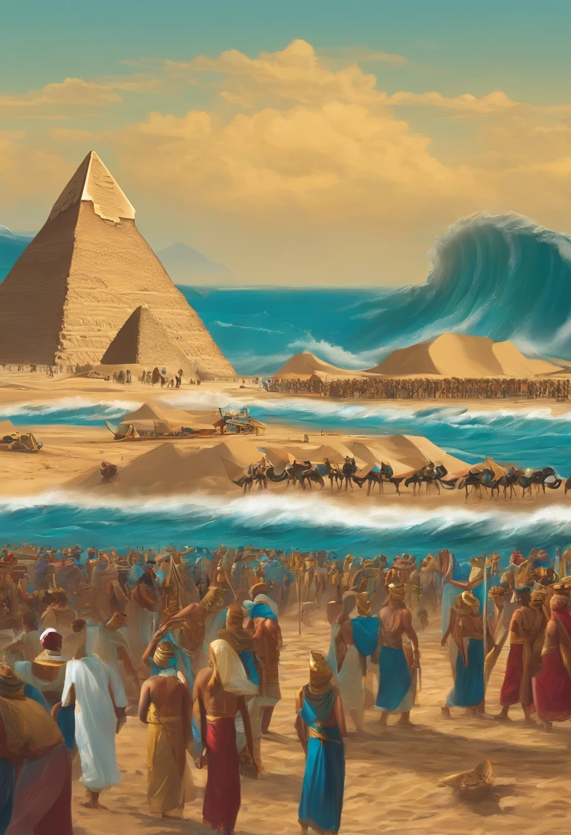 ((lifelike lighting, Melhor qualidade, 8K, Obra-prima: 1.3)), Foco claro: 1.2,Draw an illustrative image of the open Red Sea on two large walls of water, with Moses leading the Israelites in their flight from the Egyptians. The waters are represented in vibrant shades of blue and green, criando um corredor alto e imponente no meio do mar. Moses is not center, Raising a staff while looking up at the sky, como descrito nas escrituras, while the Israelites follow in line behind him, expressing a mixture of hope and fear. Ao longo do horizonte, Egyptian chariots can be seen approaching, with the Egyptian soldiers on their trail, looking furiously at the people who are escaping. The sky above is full of dramatic clouds, illuminated by a ray of divine light that highlights Moses and the scene amid the intensity of the situation."

This illustrative image should capture the epic scene of the Israelites' flight across the Red Sea as Moses leads his people under divine protection, with the threat of the Egyptians approaching