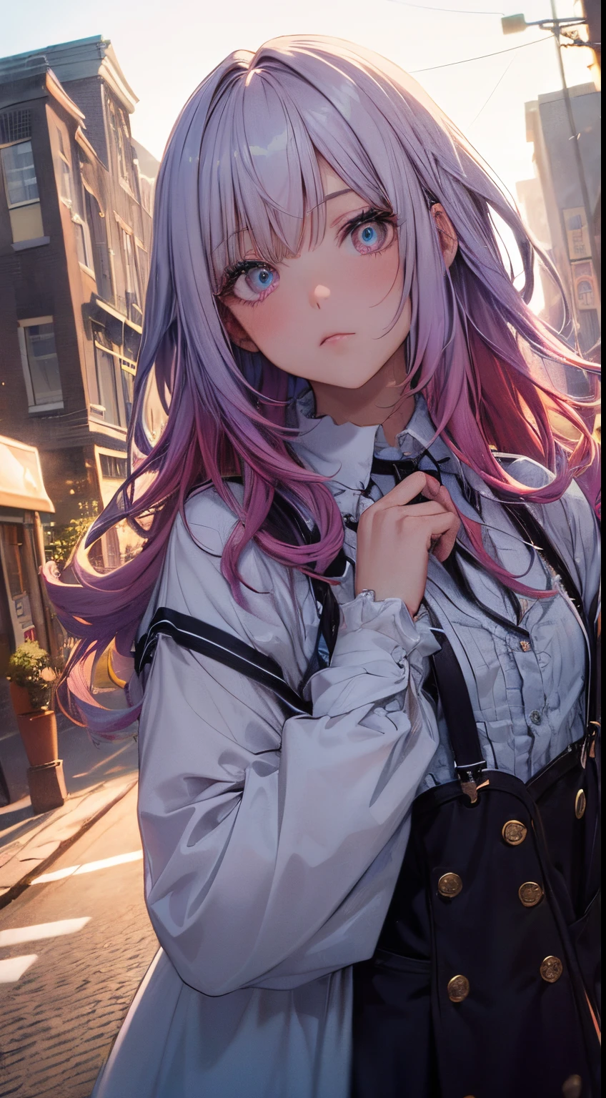 (gradient hair, dutch angle:1.3), film grain, chromatic aberration, city centre, masterpiece, best quality, raw photo, photorealistic, absurdres, 1girl, cute, perspective, cowboy shot, highres, ultra detailed, finely detail, detailed eyes and face, sharp pupils, realistic pupils, sharp focus, summer, night,