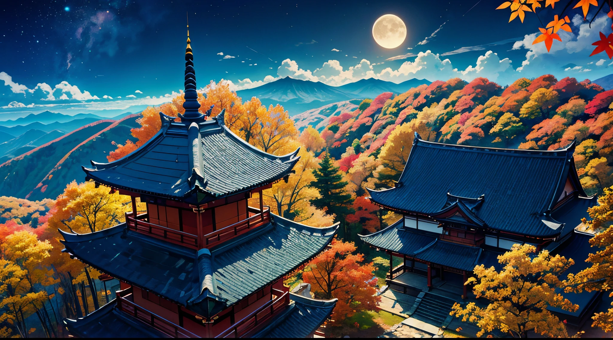 Best Quality、masutepiece、8k、Summit of Mt、mont、((Colored leaves))、temple、Moon Night、fullmoon、jpn