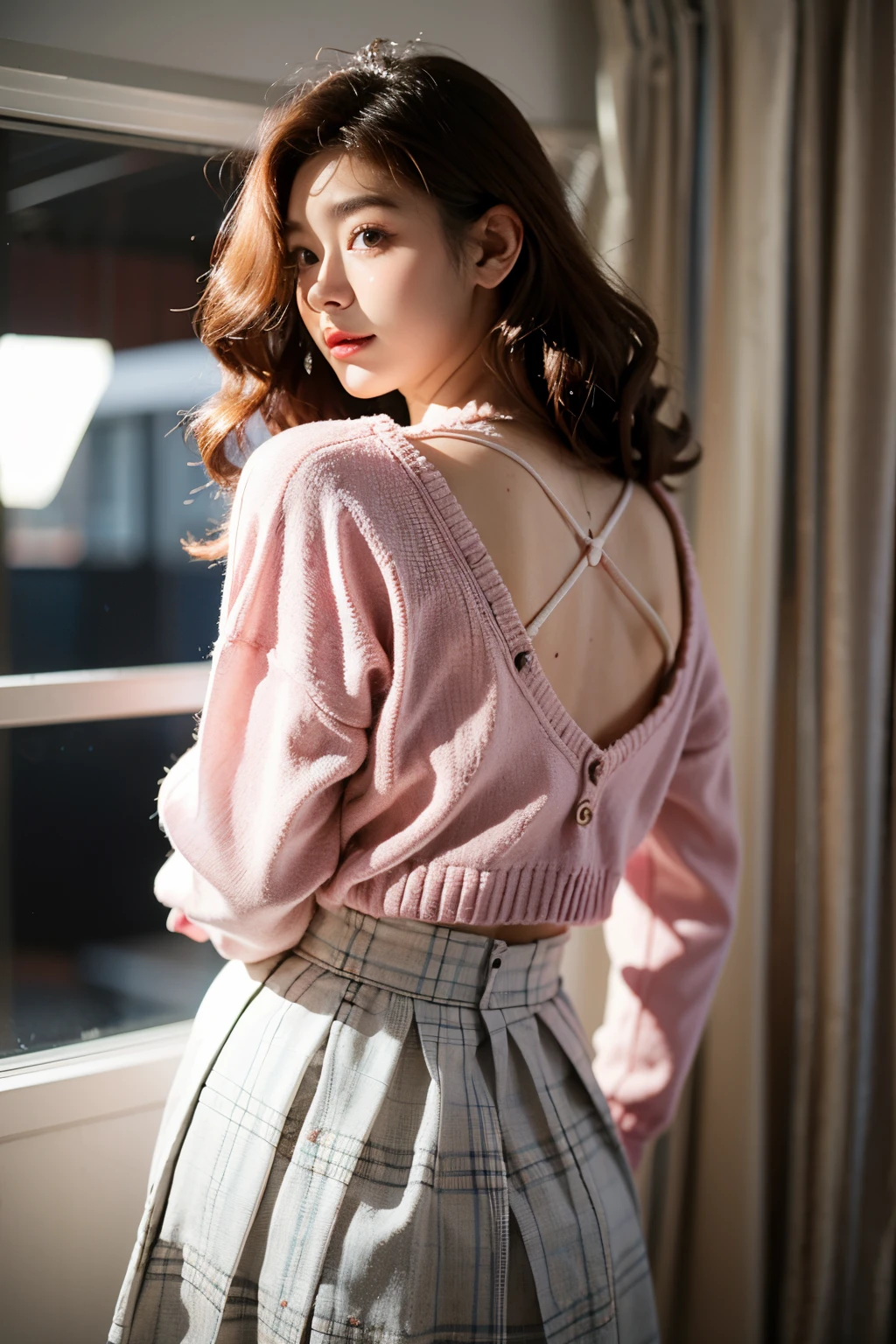 1girll,18yr old,Pure face,curlies,Burgundy hair,gentlesoftlighting,8K,a skirt,Place your hands behind your back,