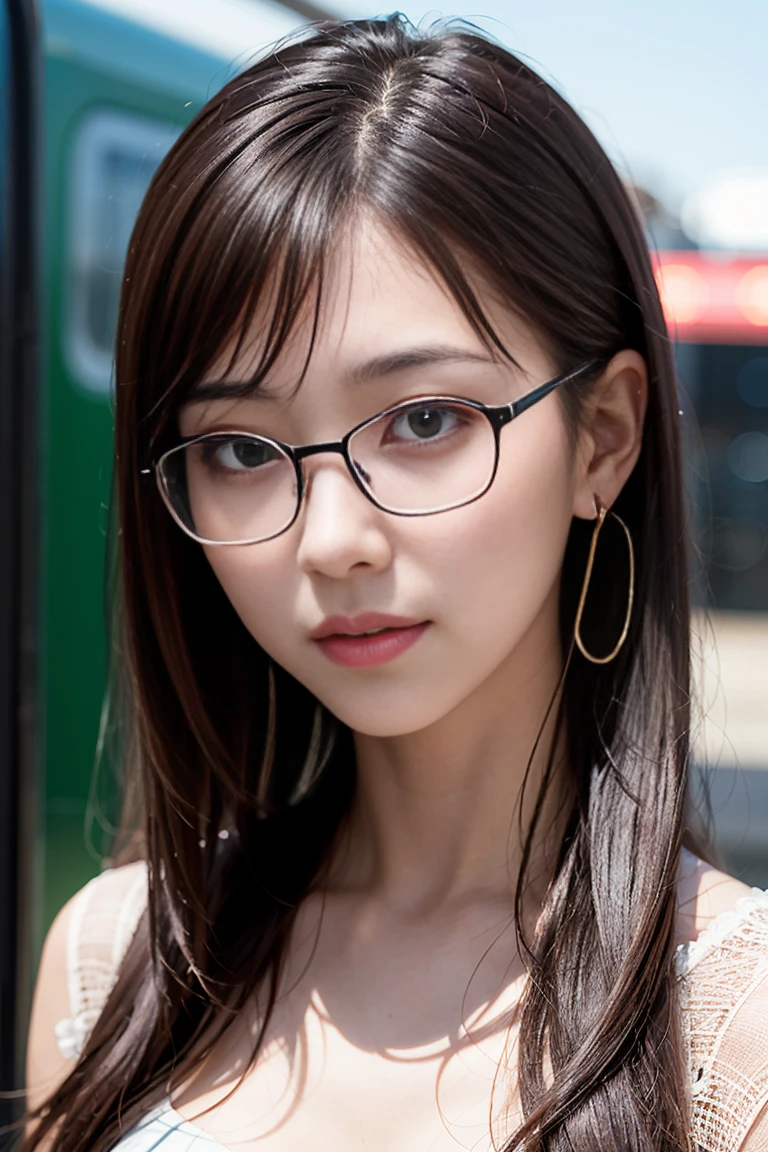 (10、RAW photography、最高品質、master-piece:1.2)、(reality、real light:1.37)、ultra-detail、超High resolution、1 girl、viewer look、beautiful detailed face、smile、constriction、(slim waist) :1.3)、Ponytel、beautiful detailed skin、skin texture、floating hair、Professional lighting、Wait for the train、Square glasses with black edges、The entire human body、brunette hair