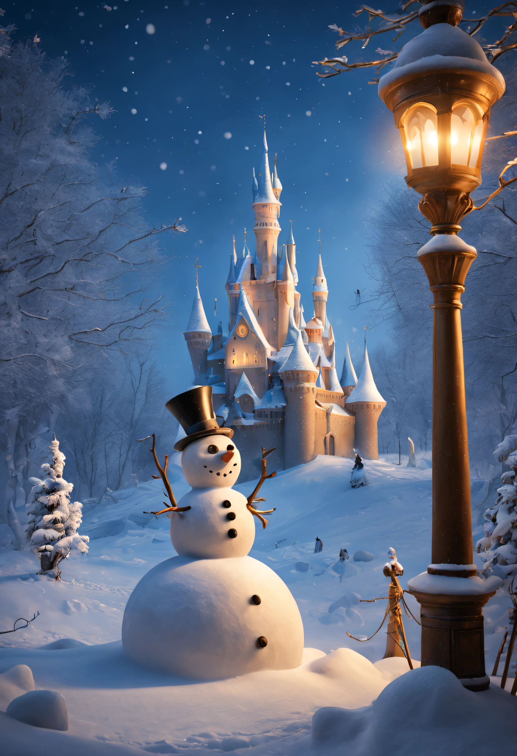 (Best quality at best,4K,8K,A high resolution,tmasterpiece:1.2), (actual,realistically,realistically:1.37),snow sculpture art,snow sculpture castle,Build a snowman,Make sculptures from snow,Children playing happily in the snow,natta,lamplight,sergey zabelin, beautiful render of a fairytale, author:Alexei Venezyanov, romantic storybook fantasy, Cute 3d rendering, andrey gordeev, art in the style of disney, Yuki, Winter nights, in a whimsical fairytale forest, fantasia de cena de inverno