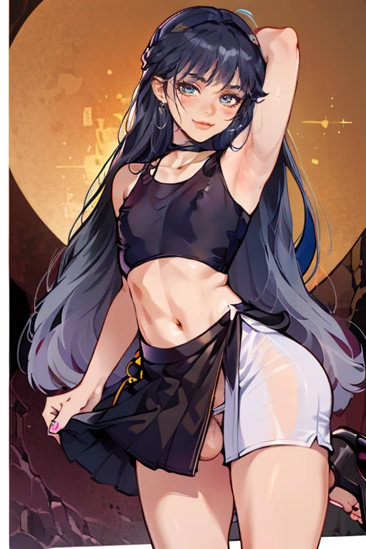 femboi， ((Masterpiece)), (1 girl), (Cute: 2.0), The face is extremely detailed, Enchanted expression, Strong gaze, Black Double French Braid, (Thin structure),Slightly round face, Tanned brown face, Healthy face, Big eyes, Thin thighs, (Small chest), confident pose, harsh, Almond-shaped eyes, rich palette,choker necklace,3D，open-toe high heels, goddess, from behind,spasm