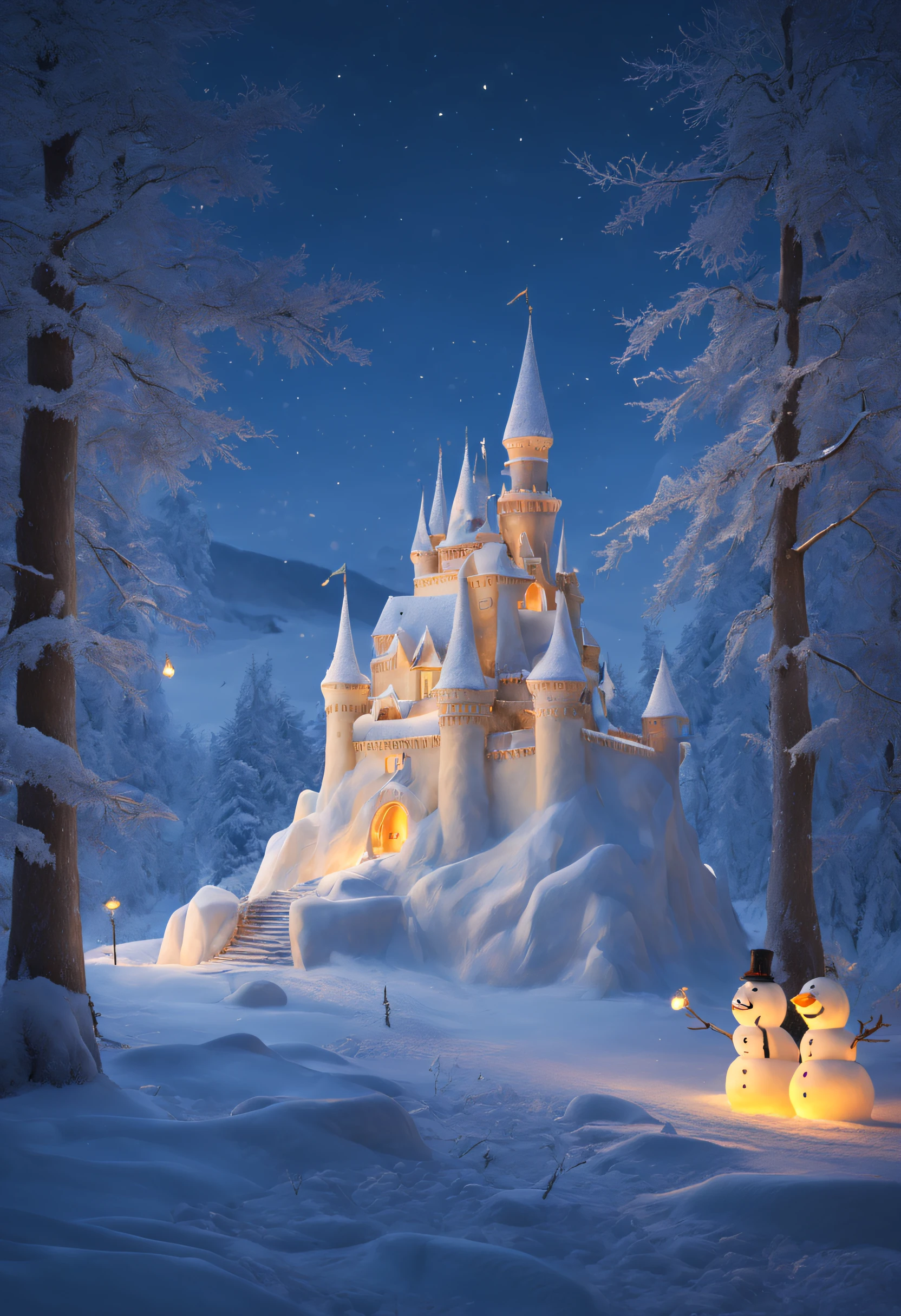 (Best quality at best,4K,8K,A high resolution,tmasterpiece:1.2), (actual,realistically,realistically:1.37),snow sculpture art，snow sculpture castle，Build a snowman，Make sculptures from snow，Children playing happily in the snow，natta，lamplight，sergey zabelin, beautiful render of a fairytale, author：Alexei Venezyanov, romantic storybook fantasy, Cute 3d rendering, andrey gordeev, art in the style of disney, Yuki, Winter nights, in a whimsical fairytale forest, fantasia de cena de inverno