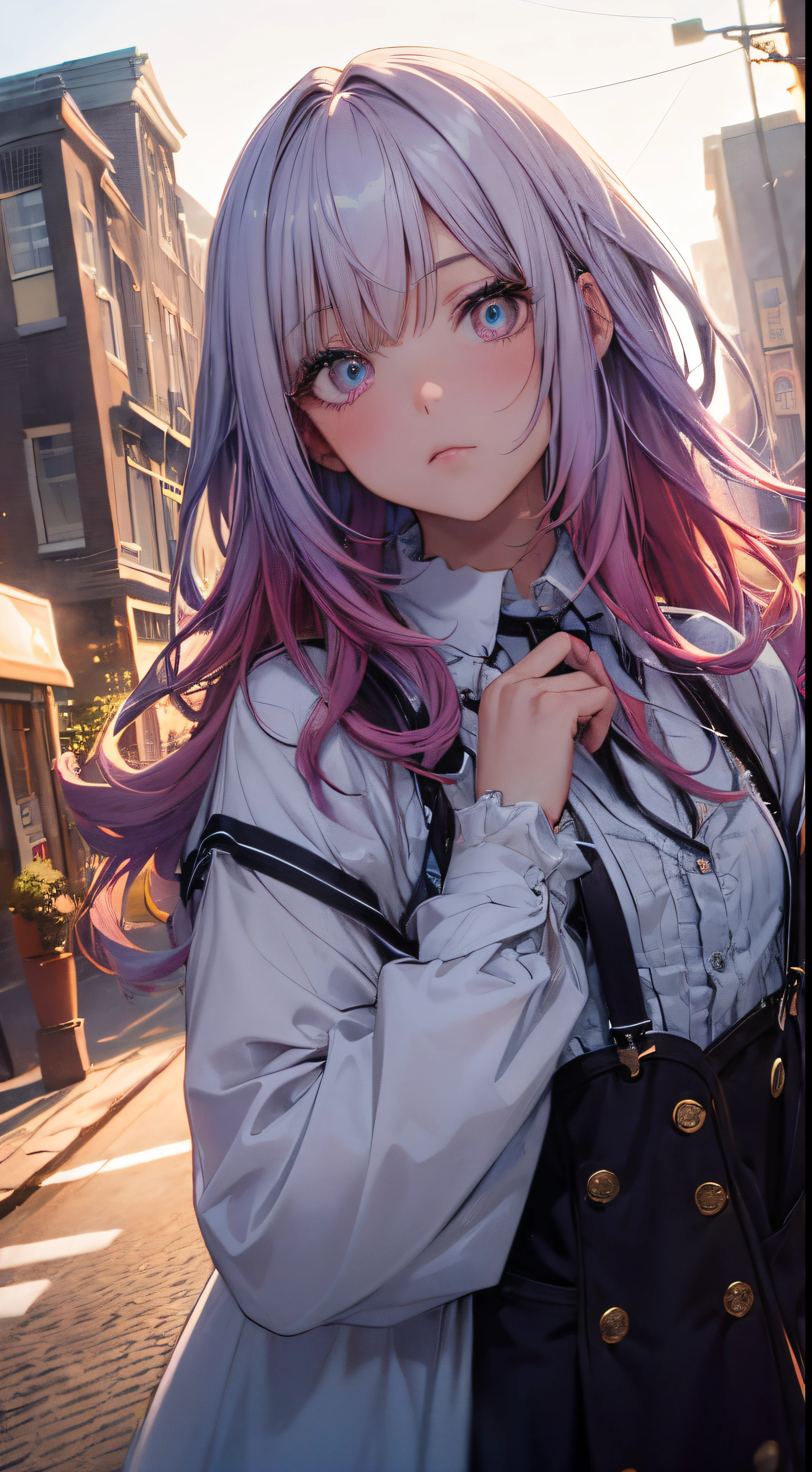 Anime girl with long purple hair and blue eyes standing in the street ...