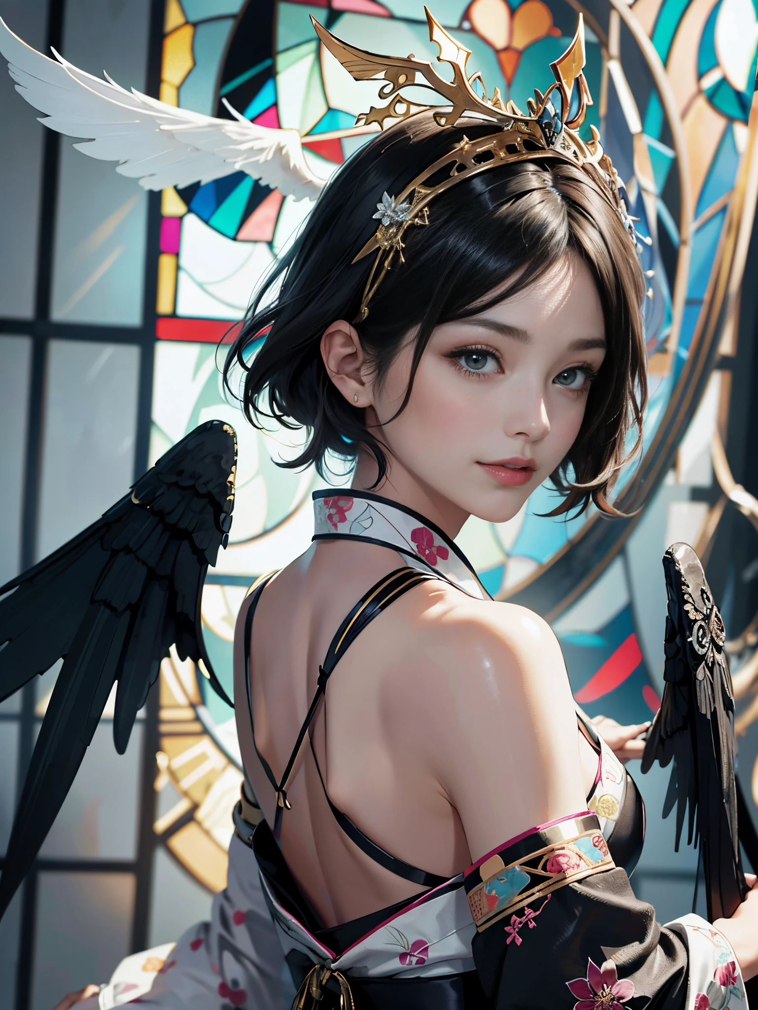 Background of details(Intricate stained glass),BREAK ,elaborate costume(Luxurious Japan kimono(Colorful kimono(detailed embroidery)(Black fallen angel-like wings grow from its back.))),BREAK,(1 Beautiful and classy adult woman(Shy smile:1.2)(Japanese actressl:1.2)(A dark-haired:1.2(short-hair:1.2))),(eye glass:1.2),(standing in front of stained glass),BREAK,Wallpaper 16K,Blur the background,)(masutepiece,Best Quality,Portrait photos):1.5),full body Esbian