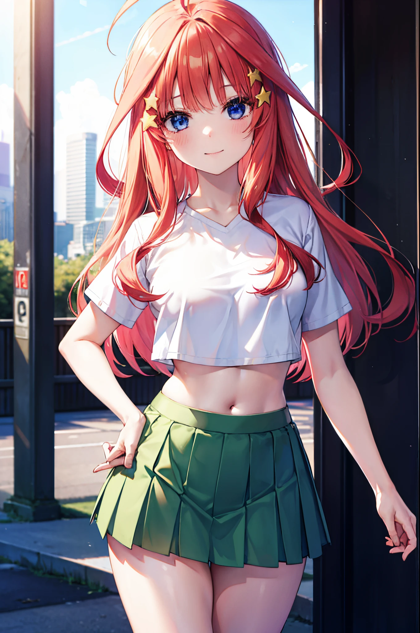 best quality, highly detailed, 1girl, cowboy shot, nakano itsuki, blue eyes, red hair, long hair, star hair ornament, ahoge, crop top, green skirt, miniskirt, medium breasts, standing, school, outdoors, smile, large breasts, small waist, very wide hips and thick thighs. smiling. Arched back. Volumetric light. Ambient light.