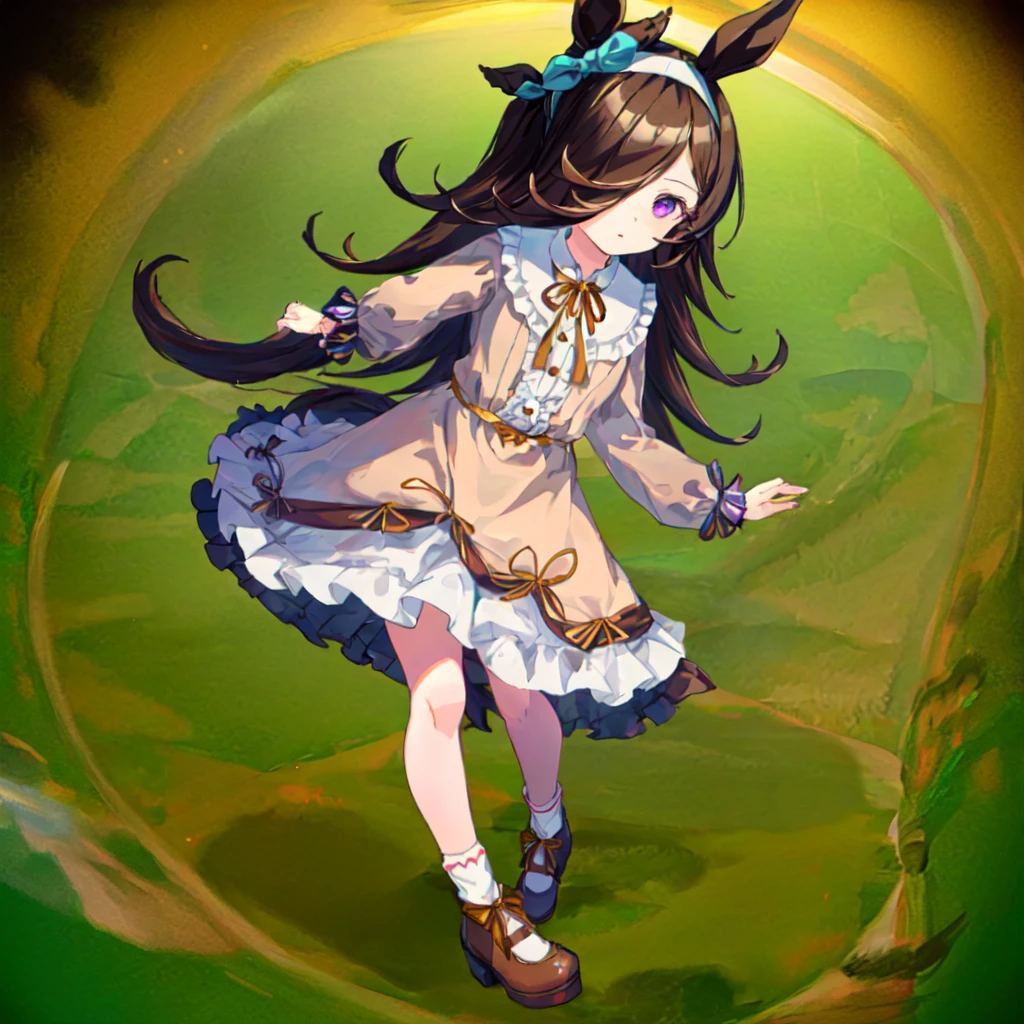 masterpiece,high quality,best quality,ultra detailed,16k,full body,1girl,Rice Shower\(umamusume\),casual, hairband, hair ribbon, brown ribbon, long sleeves, collared dress, brown dress, frilled dress, frills, white socks, brown footwear, mary janes,dynamic angle, looking at viewer,