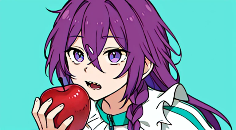 long hair, mole under mouth, purple hair, single braid, hair between eyes, teal eyes, sharp teeth, ahoge, reincarnation apple, 1girl, solo, looking at viewer, open mouth, simple background, holding, food, fruit, holding food, holding fruit, aqua background