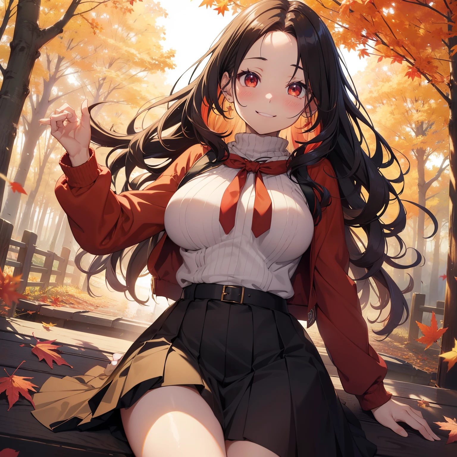 (masutepiece,Best Quality,8K),(extremely detailed CG1.1),s girl,Smile,large boob,(From below:1.2),Intricate details , Hyper realistic, Perfect Anatomy,A dark-haired,Red Eyes,(((Forehead))),Permed hair with wavy hair,(((length hair))),Hair over one eye,hair slicked back,Full body,Yellow Knitwear,skirt by the,blush,Happy smile,Forest with deepening autumn leaves,Colored leaves,Lens Flare,Wind,Magnificent view,(chromatic abberation:1.3),Dynamic Angle,Cowboy Shot,Looking at Viewer,cafes,Lie down,エロ,teats,nose blush,NSFW,Clothes lift