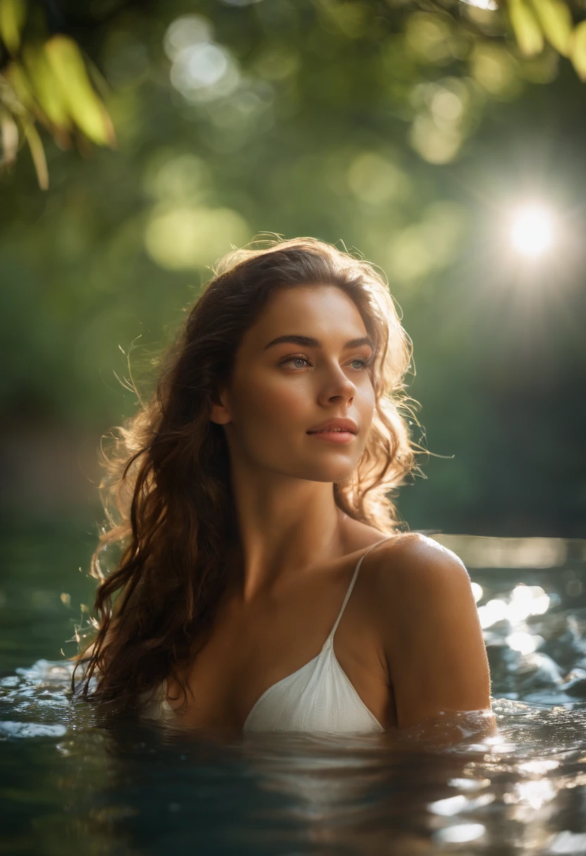 1 person, cute woman with long wavy hair, emerged in a jungle lake, front view from chest up, fully emerged in the water, white bikini, Dutch girl, age 21, pretty face, shy look, looking up at the camera, wide angle, summer sunshine, shiny skin, wet skin, skin pores, (soft backlight), realistic, masterpiece, highest quality, lens flare, [[chromatic aberration]],best shadow, photorealism, hyperrealism