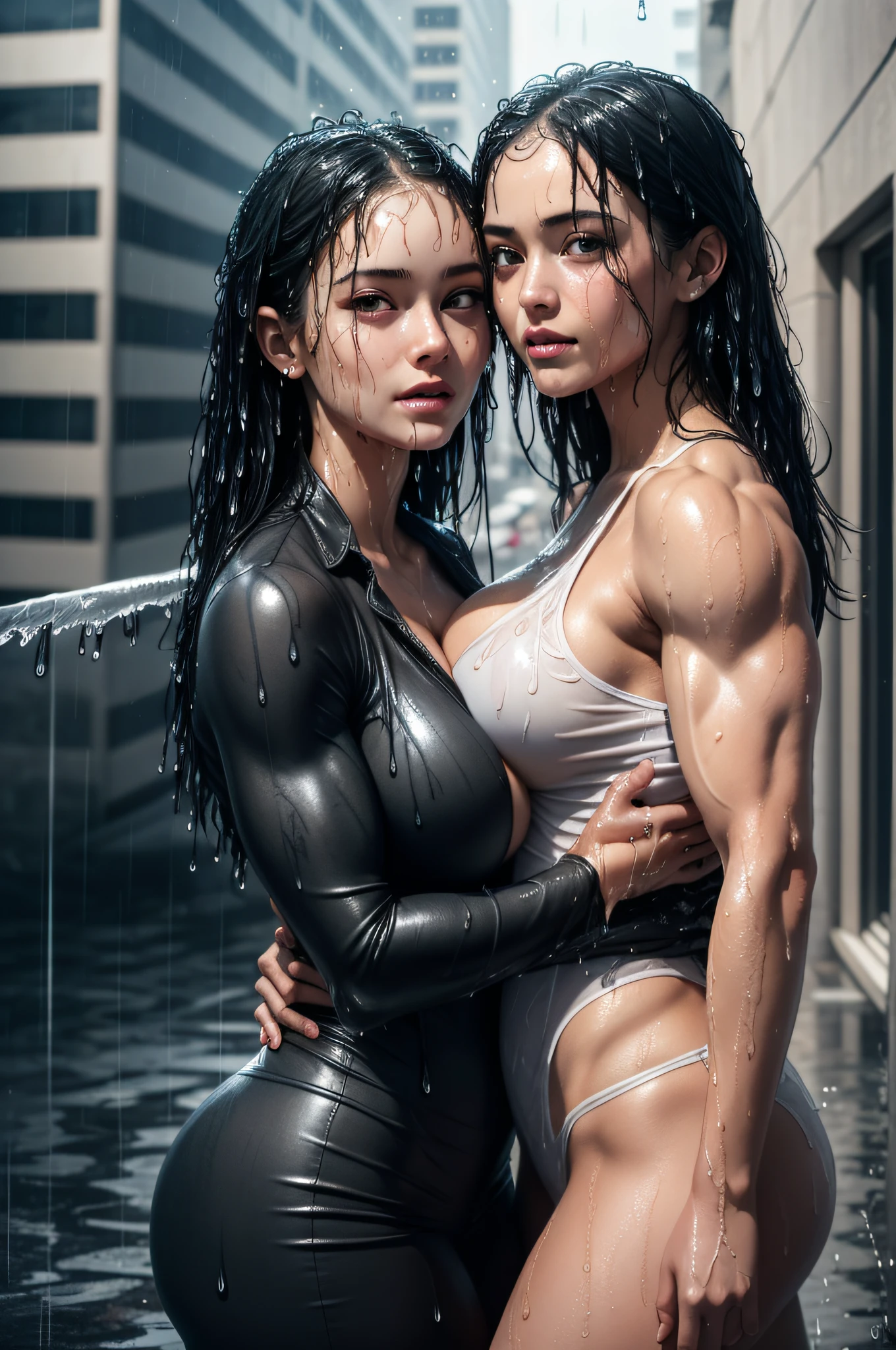 masterpiece, best quality:1.3, ((muscular:1.4)) ((2 girls:1.4)), busty, beautiful, curvy, sexy, big_boobs, (digital painting:1.2), two beautiful girls in spiderman costume, facing each other, hugging, standing on a building, perfect body, urban background, the best masterpiece, very high detail, realistic, 8k, photorealistic, (rain:1.3), soaked clothes, (wet skin:1.4), wet, (smile:0.5), (detailed faces:1.4), (freckles:0.6)