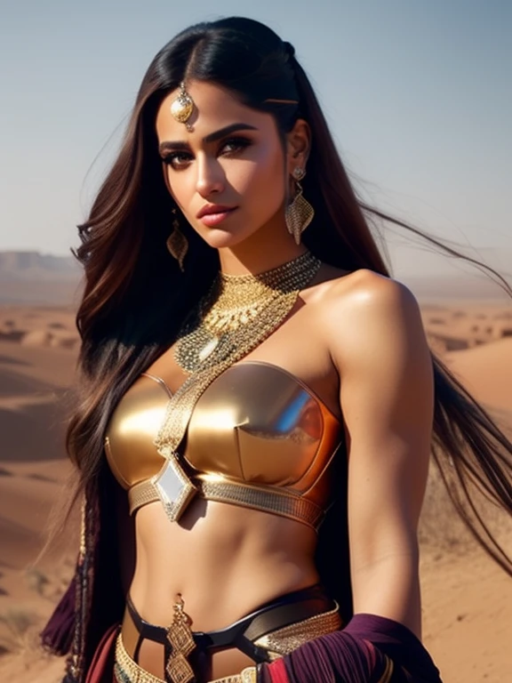 fking_scifi, fking_scifi_v2, portrait of a young, seductive, extremely beautiful and attractive Arabic woman, in front of a city in the desert, long messy hair, rich colorful clothes and golden jewelry, close up, regal pose and attitude. fking_cinema_v2.