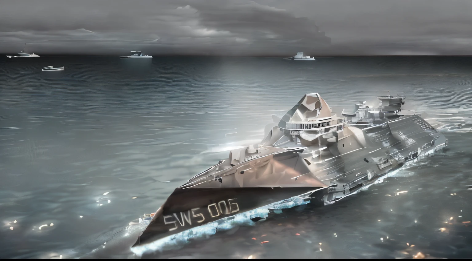 there is a large boat that is floating in the water, realistic warship design, realistic military carrier, warships, warship, battleship, rendering of checkmate, mscow, concept boat, ssao 8 k, world of war spaceships, euclid class, naval warfare, rendered in redshift, in game graphic, stardestroyer in the background