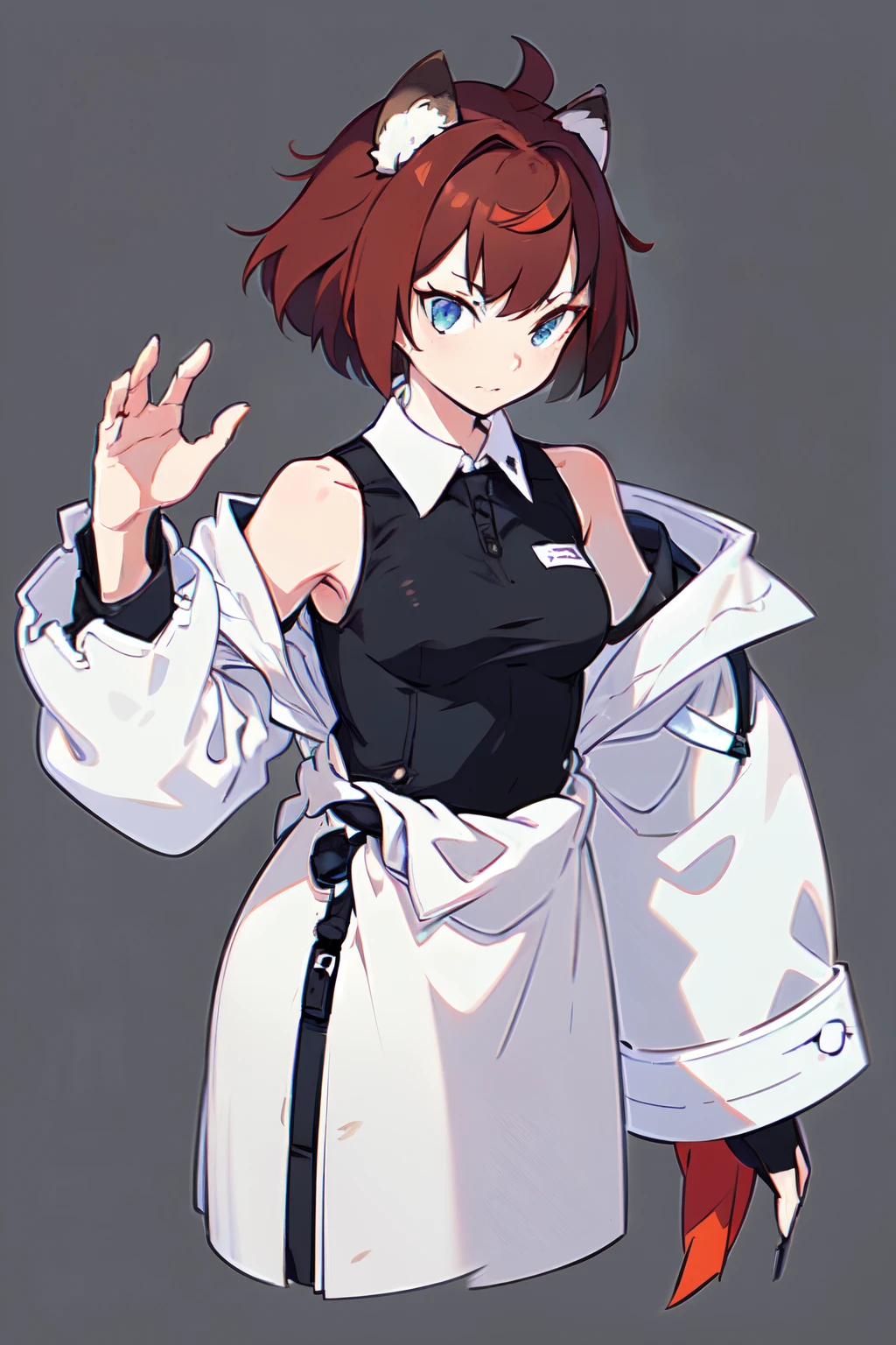 Masterpiece, intricate, anime style, full body, 1girl, rakkun, racoon girl, racoon ears, 1tail, fluffy tail, racoon tail, brown and light brown ringed tail, red and blue eyes blurred, short hair, red inner hair, brown hair, a strand of hair on the left side, red hair strips, short black shirt uncovered on the shoulders and with a black mesh with black borders up to the collar, polo shirt, short black skitr whit dark red checkered, black belt around the waist, looking at viewer, best quality, 4k,highres, professional art, professional drawing, professional lineart, outlined markers