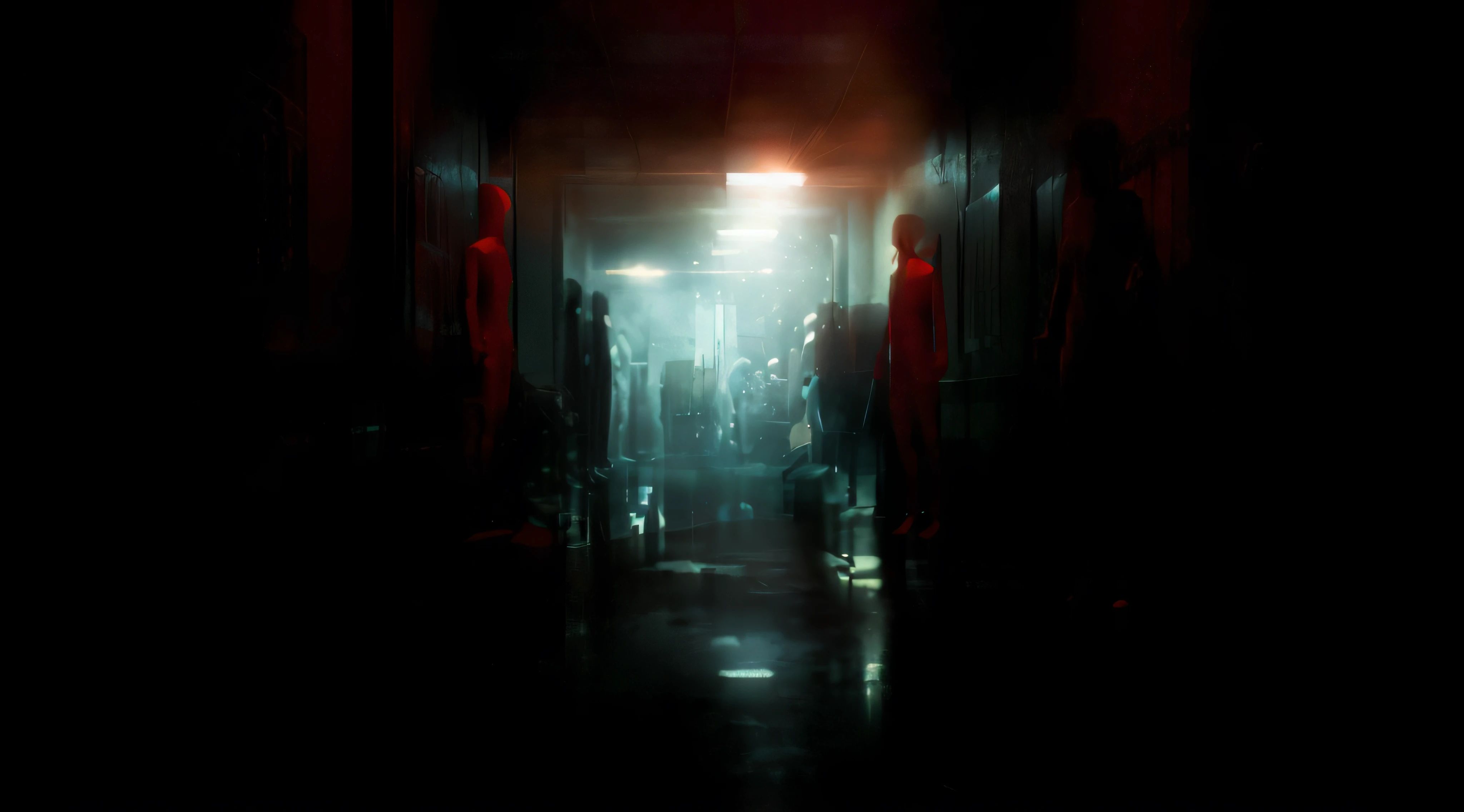 there's a dark hallway with a light shining through the door, eerie nostalgic concept art, red and cinematic lighting, dark cinematic concept art, dramatic lighting. arte conceitual, James Gurney Cinematic Lighting, arte conceitual escura fotorrealista, cinematic photograph concept art, Blade Runner 2 0 4 9 Arte conceitual, cinematic red lighting, Arte conceitual de Silent Hill, cinematic neon matte painting