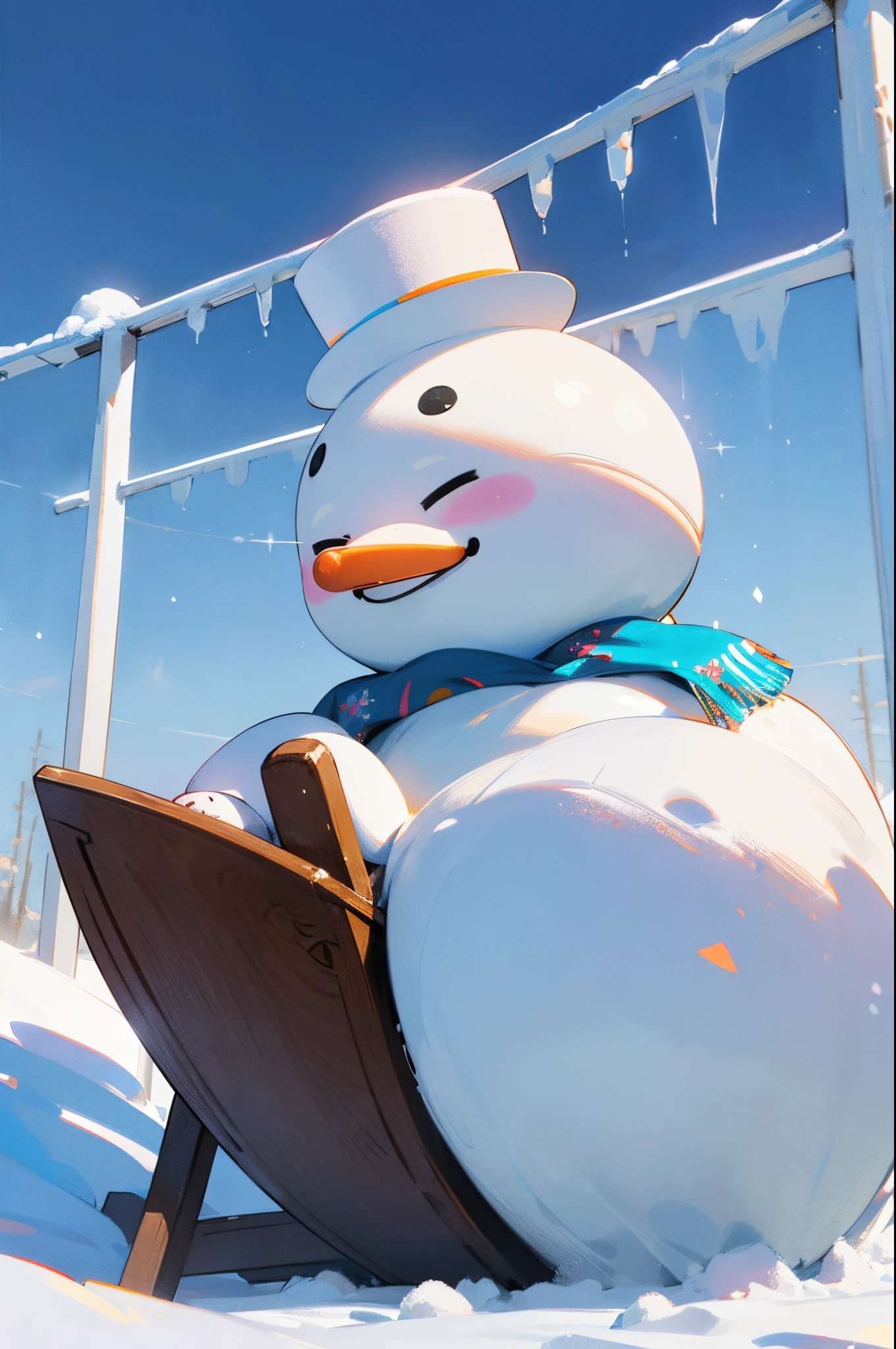 (best quality,4k,8k,highres,masterpiece:1.2),ultra-detailed,(realistic,photorealistic,photo-realistic:1.37),snowman,large-sized snowman,playful snowman,cheerful snowman,winter scene,joyful atmosphere,bright colors,soft lighting,snow-covered landscape,winter wonderland,magical snowflakes,children building a snowman,carrot nose,coal eyes,stick arms,colorful scarf,top hat,rosette buttons,charming smile,cozy woolen mittens,kids sledding in the background,sparkling icicles,crisp air,white and blue color palette,shimmering snow,fluffy snowflakes,distance snow-capped mountains,fun and laughter in the air,peaceful and serene setting