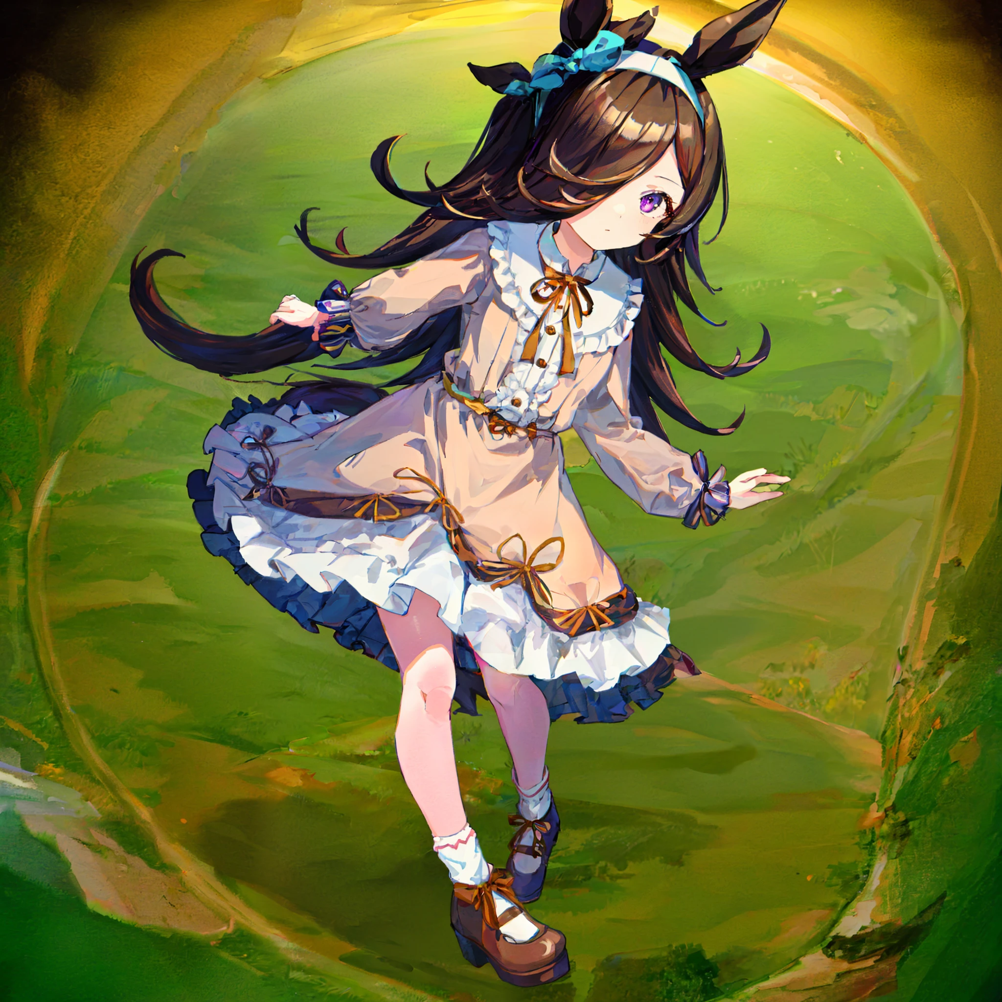 masterpiece,high quality,best quality,ultra detailed,16k,full body,1girl,Rice Shower\(umamusume\),casual, hairband, hair ribbon, brown ribbon, long sleeves, collared dress, brown dress, frilled dress, frills, white socks, brown footwear, mary janes,dynamic angle, looking at viewer,