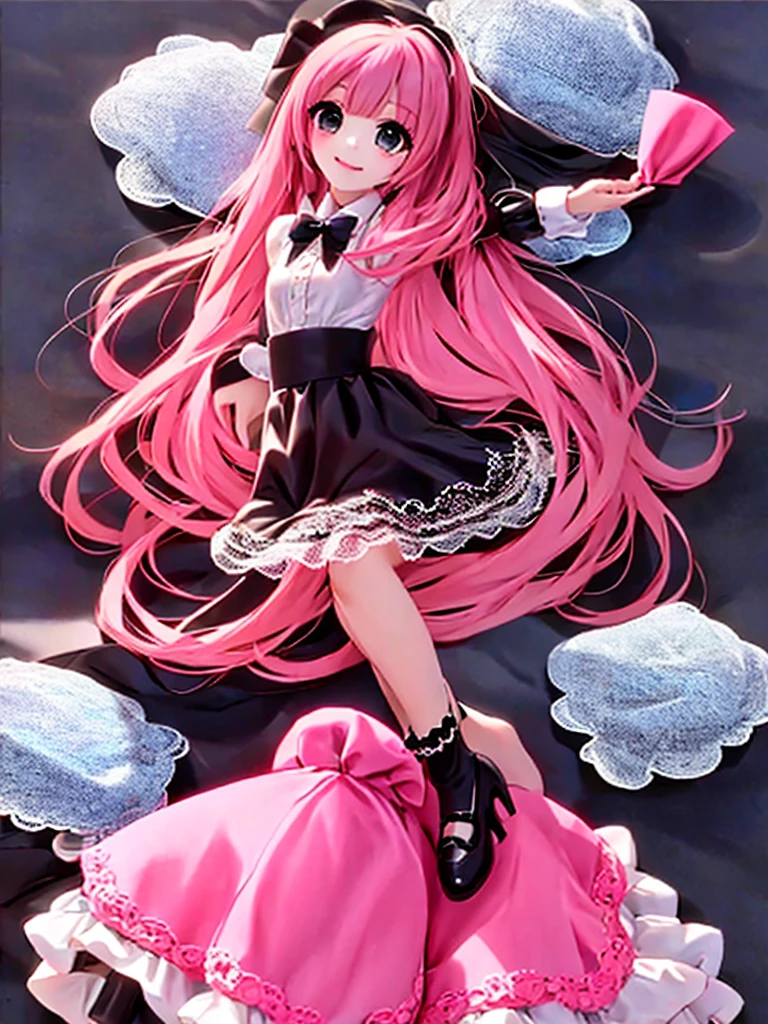 chibi, a cute chibi girl smiling, (oval head), wearing a gothic skirt, crop lace cloth shirt, puffy sleeves, hair bow, smokey eyes makeup, collar, choke, pumps,