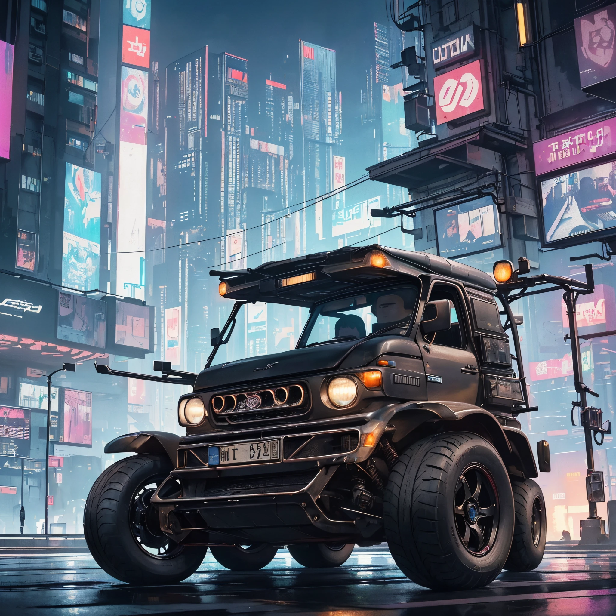 (at late night:1.3), , (detailed beautiful skin textures, detailed beautiful face, ultra detailed clothing textures), , (Cyberpunk:1.4), , (an ultra detailedfour-wheeled and long bonnet tuk-tuk with load on roof carrier and eear loading platform with luggage on it and letter-tyres), , (3/4 front view, The car is in the center of the frame), , (at parking area, at ultra detailed Night City of Cyberpunk), (All cars are classic cars with cyberpunk custumed), , (softlighting), , (masterpiece, best quality:1.4, 8k, ultra detailed, illustration, distinct_image, intricate_details, delicate illustration), (realistic:0.15),