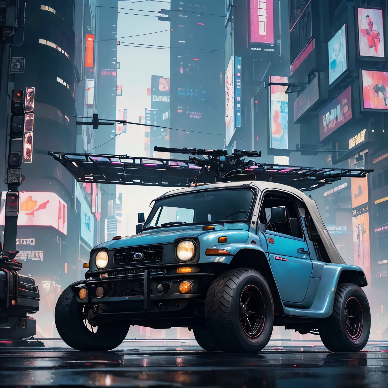 (at late night:1.3), , (detailed beautiful skin textures, detailed beautiful face, ultra detailed clothing textures), , (Cyberpunk:1.4), , (an ultra detailedfour-wheeled and long bonnet tuk-tuk with load on roof carrier and eear loading platform with luggage on it and letter-tyres), , (3/4 front view, The car is in the center of the frame), , (at parking area, at ultra detailed Night City of Cyberpunk), (All cars are classic cars with cyberpunk custumed), , (softlighting), , (masterpiece, best quality:1.4, 8k, ultra detailed, illustration, distinct_image, intricate_details, delicate illustration), (realistic:0.15),