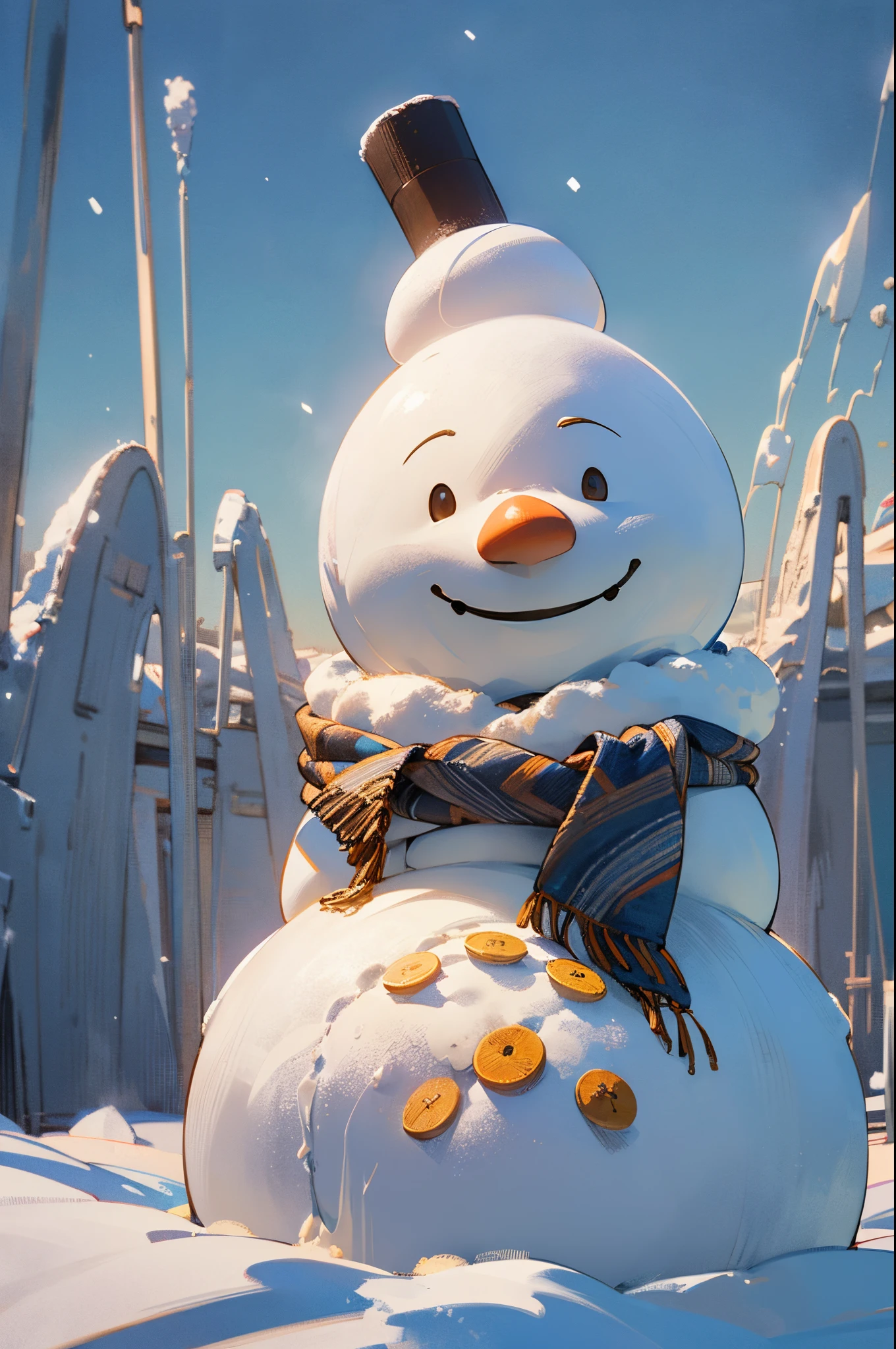 (best quality,4k,8k,highres,masterpiece:1.2),ultra-detailed,(realistic,photorealistic,photo-realistic:1.37),snowman,large-sized snowman,playful snowman,cheerful snowman,winter scene,joyful atmosphere,bright colors,soft lighting,snow-covered landscape,winter wonderland,magical snowflakes,children building a snowman,carrot nose,coal eyes,stick arms,colorful scarf,top hat,rosette buttons,charming smile,cozy woolen mittens,kids sledding in the background,sparkling icicles,crisp air,white and blue color palette,shimmering snow,fluffy snowflakes,distance snow-capped mountains,fun and laughter in the air,peaceful and serene setting