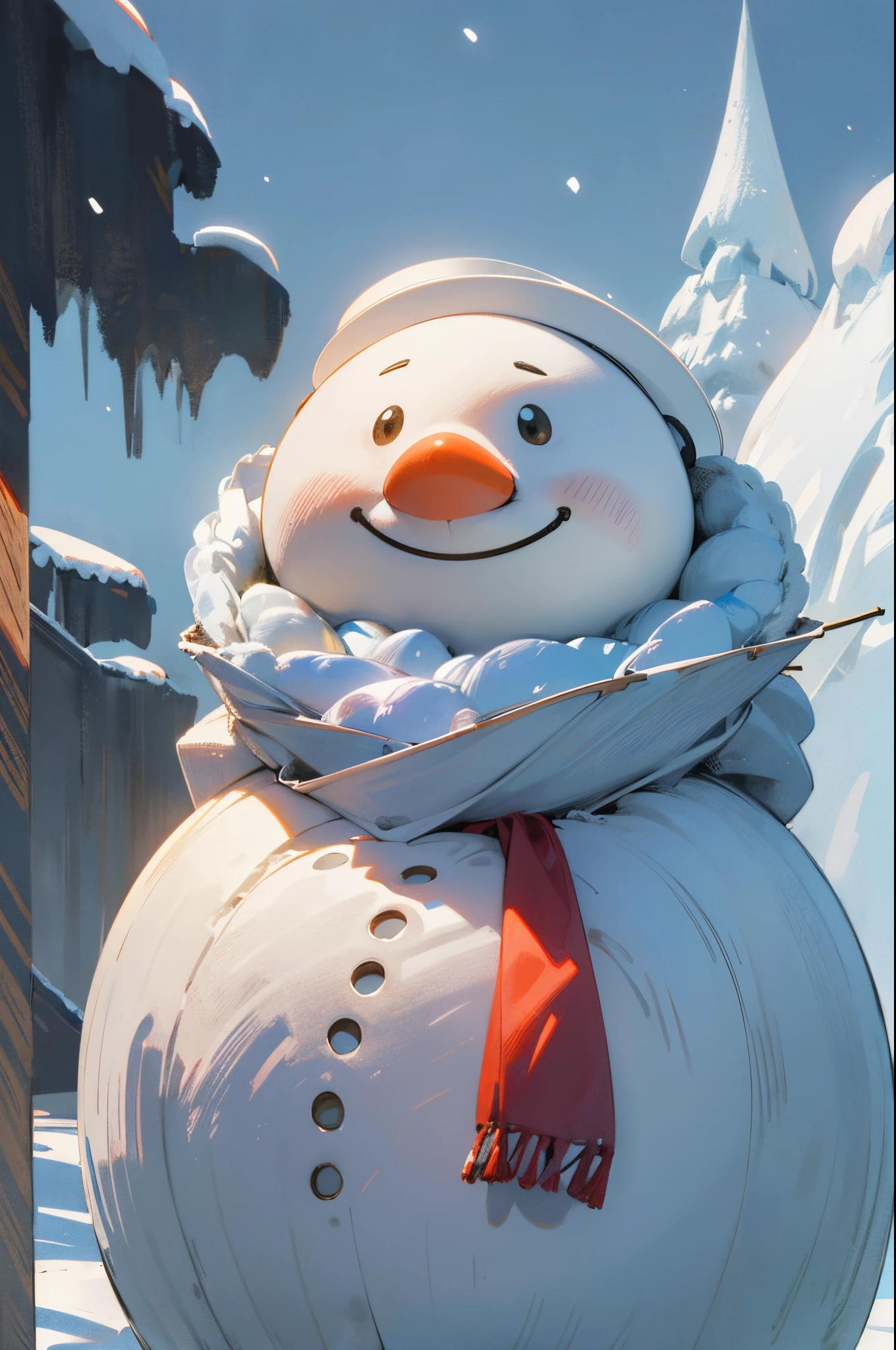 (best quality,4k,8k,highres,masterpiece:1.2),ultra-detailed,(realistic,photorealistic,photo-realistic:1.37),snowman,large-sized snowman,playful snowman,cheerful snowman,winter scene,joyful atmosphere,bright colors,soft lighting,snow-covered landscape,winter wonderland,magical snowflakes,children building a snowman,carrot nose,coal eyes,stick arms,colorful scarf,top hat,rosette buttons,charming smile,cozy woolen mittens,kids sledding in the background,sparkling icicles,crisp air,white and blue color palette,shimmering snow,fluffy snowflakes,distance snow-capped mountains,fun and laughter in the air,peaceful and serene setting