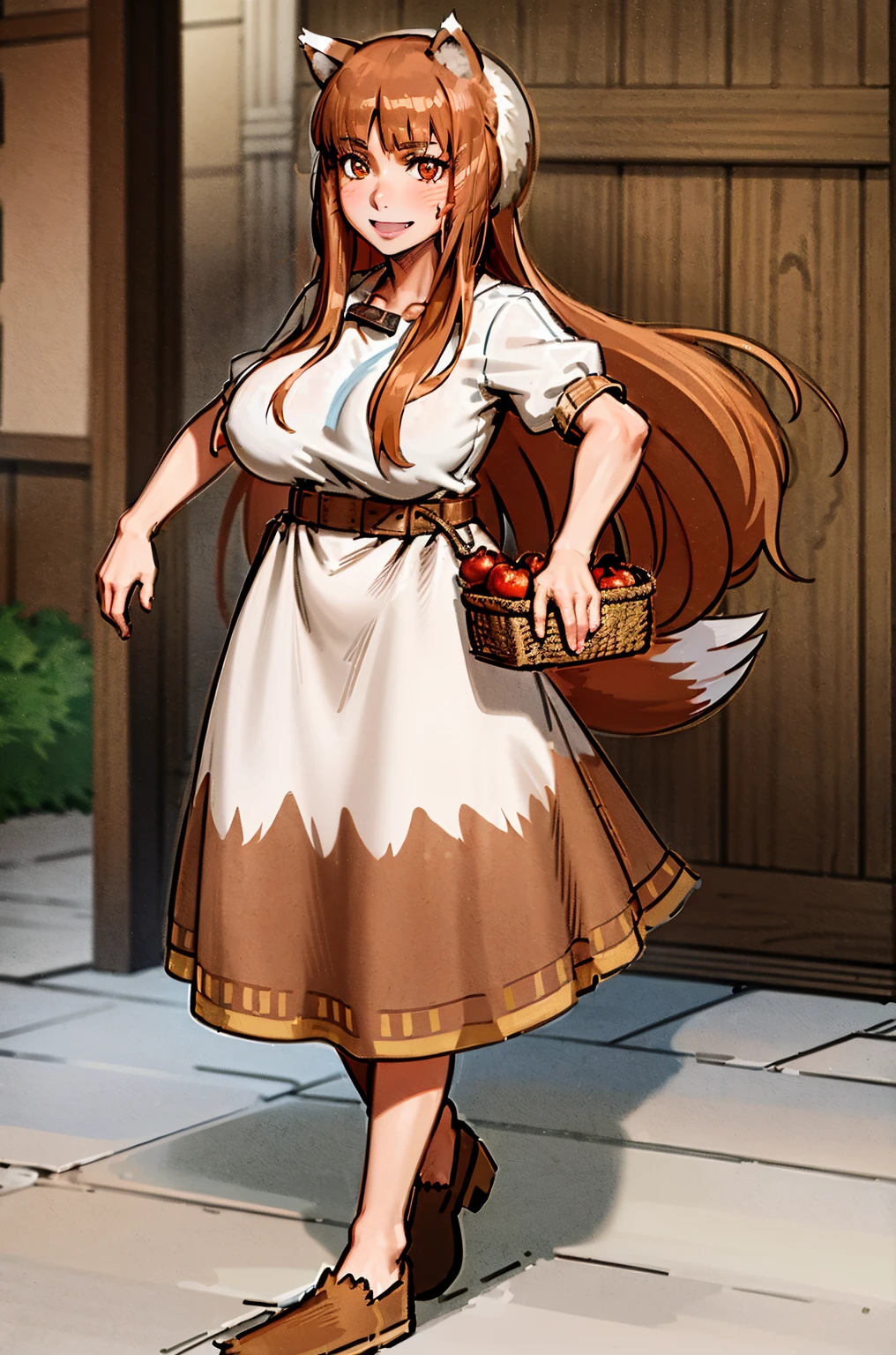 (holo:1.5), (holoBrownDress:1.5), masterpiece, best quality, absurdres, 1girl, looking at viewer, standing, cowboy shot, outdoors, medieval, cobblestone street, town, pouch, sash, smile, fruit, apple, basket,mediumbreast, curvy, silver hair, white hair, full body, flipflops,big breast, curvy